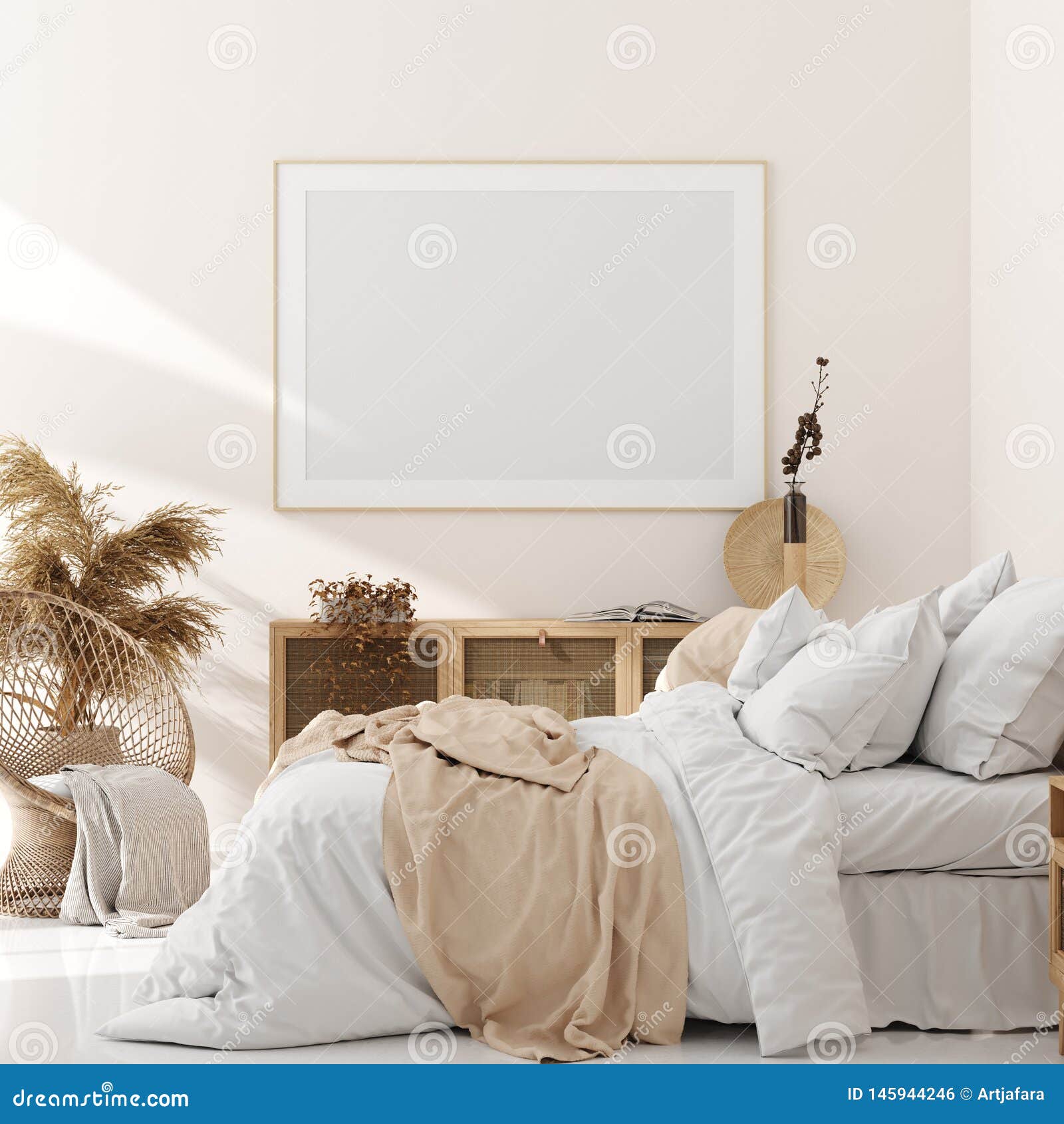 mock up frame in bedroom interior, beige room with natural wooden furniture, scandinavian style