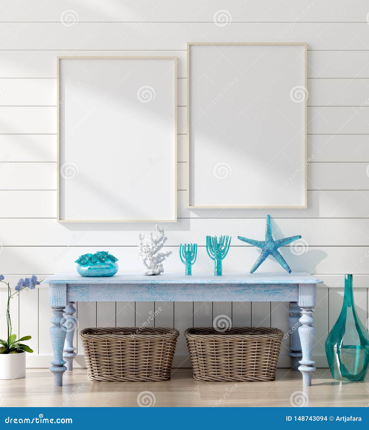 Mock Up Frame in Bedroom Interior, Marine Room with Sea Decor and