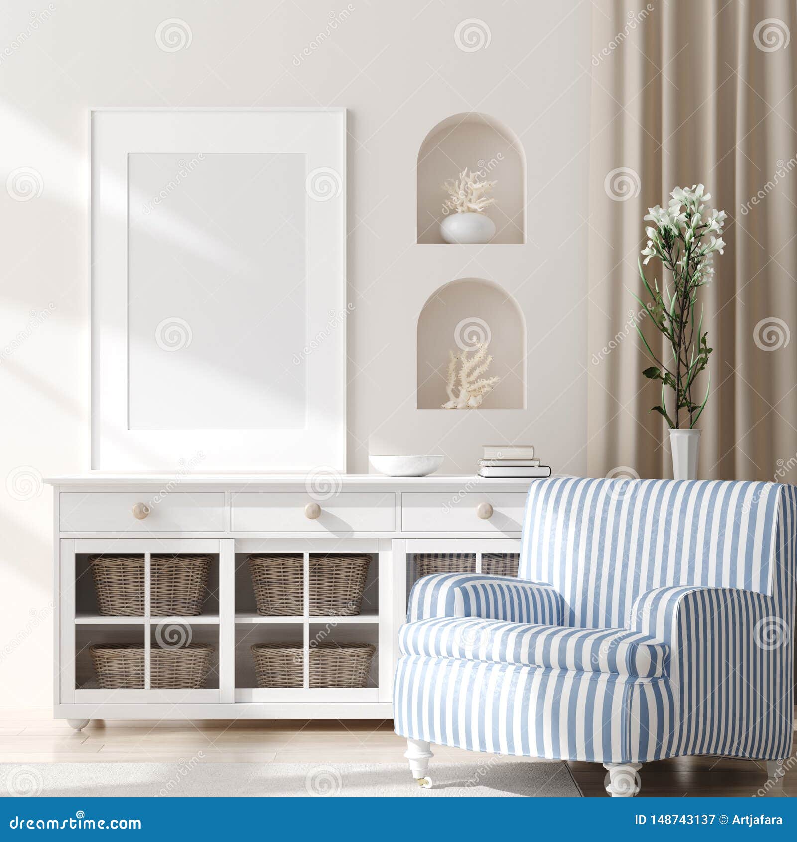 mock up frame in bedroom interior, marine room with sea decor and furniture, coastal style