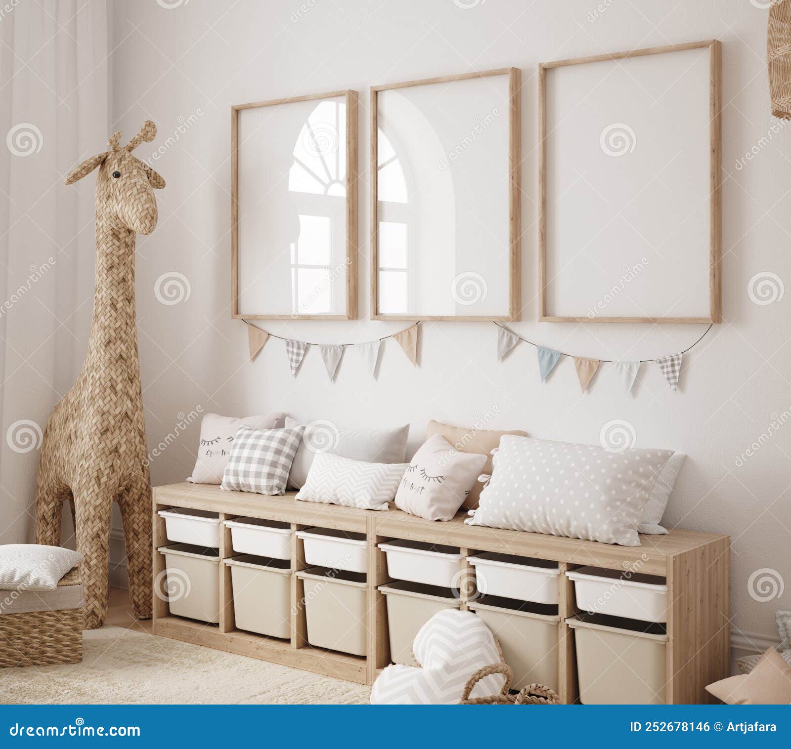 mock up frame in children room with natural wooden furniture, farmhouse style interior background