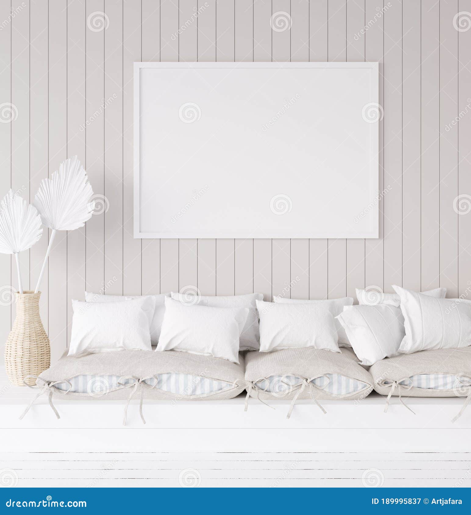 mock up frame in cozy coastal home interior background