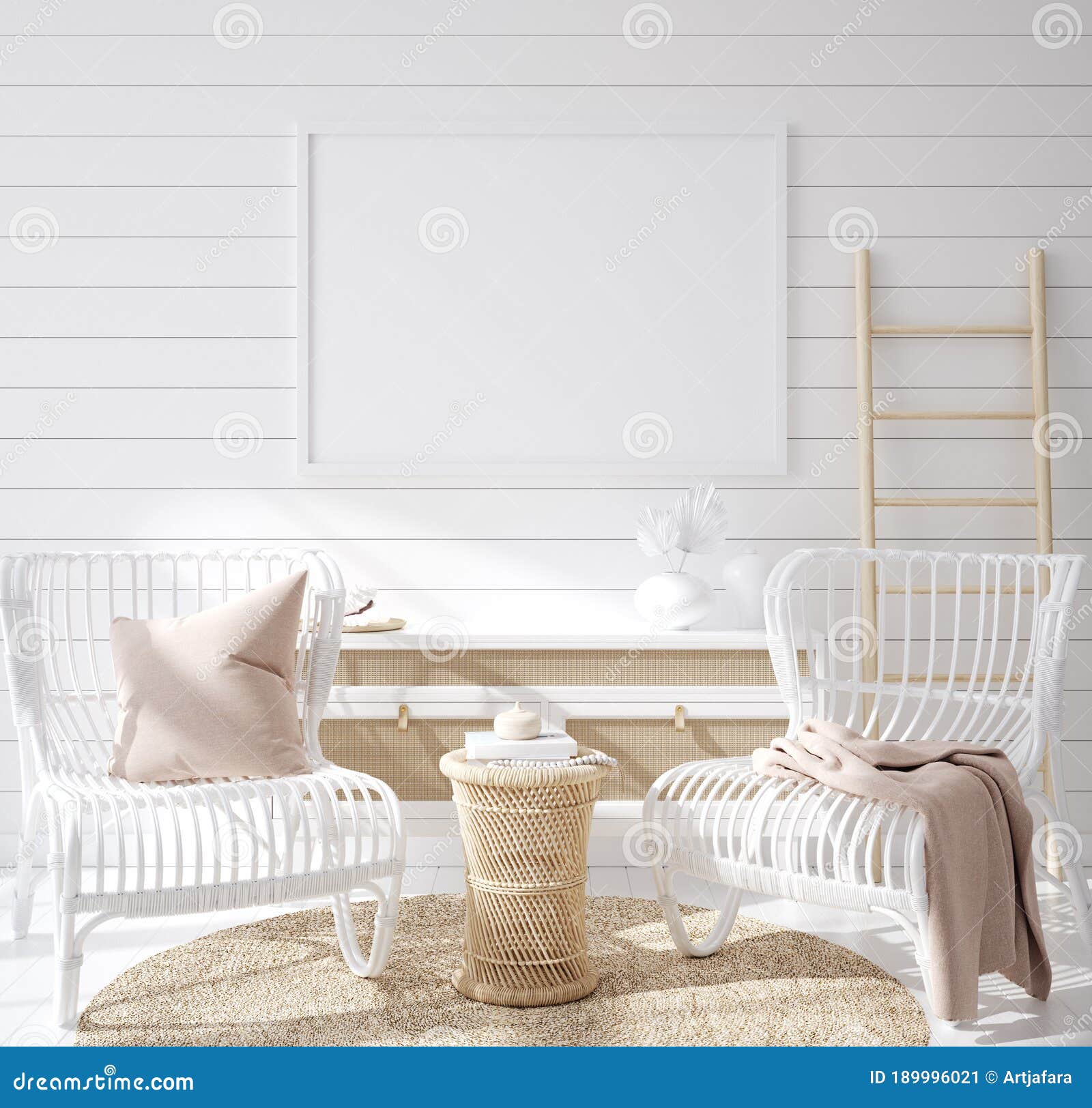 mock up frame in cozy coastal home interior background