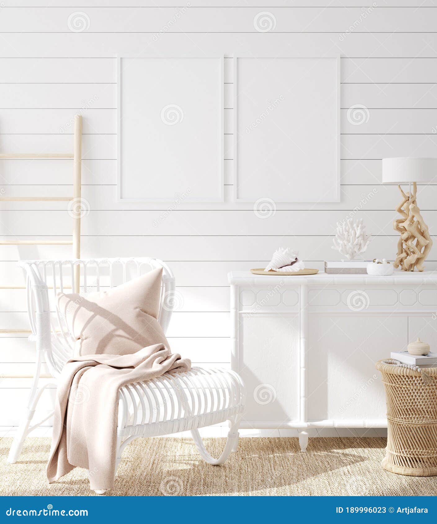 mock up frame in cozy coastal home interior background