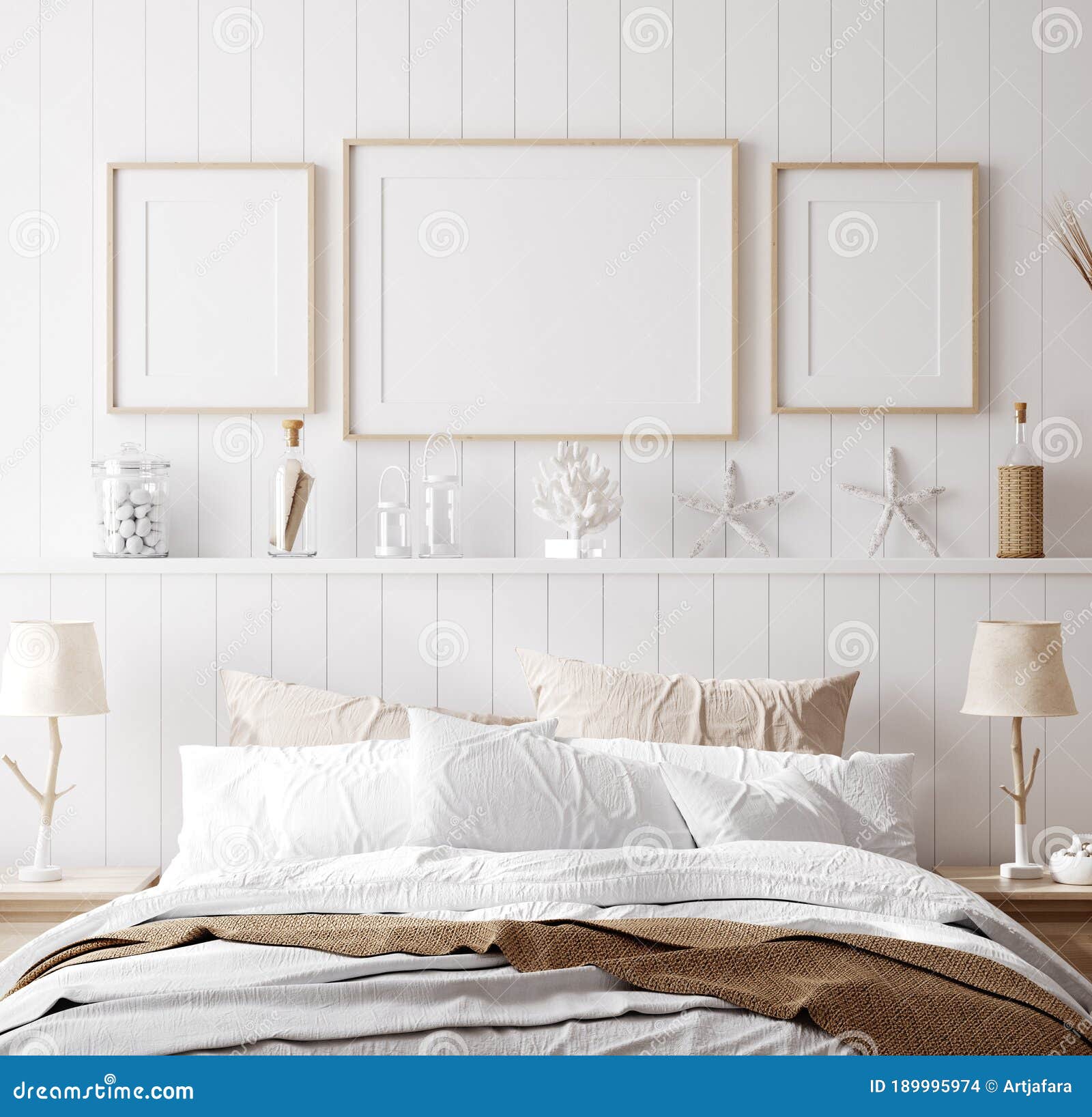 mock up frame in cozy home interior background, coastal style bedroom