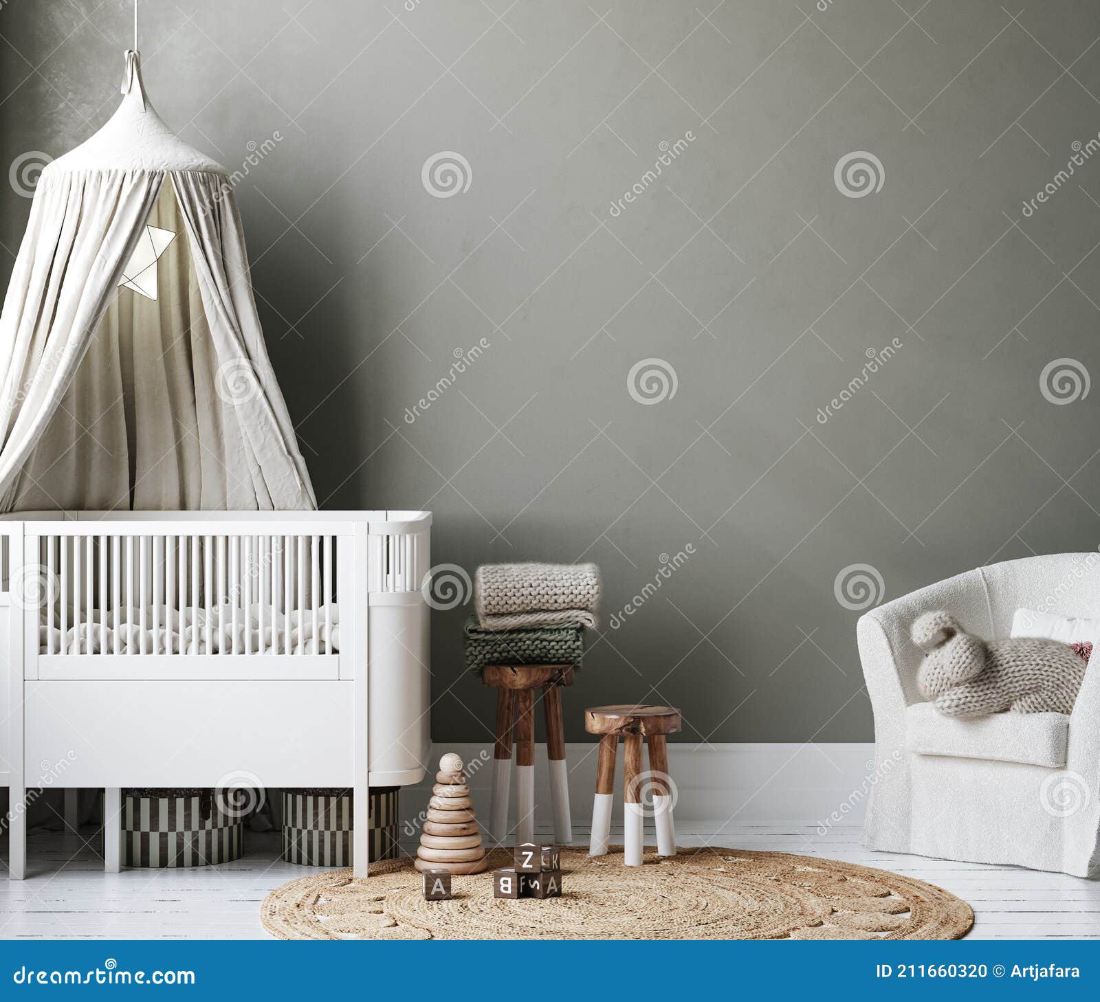 mock up frame in cozy nursery interior background, scandinavian style