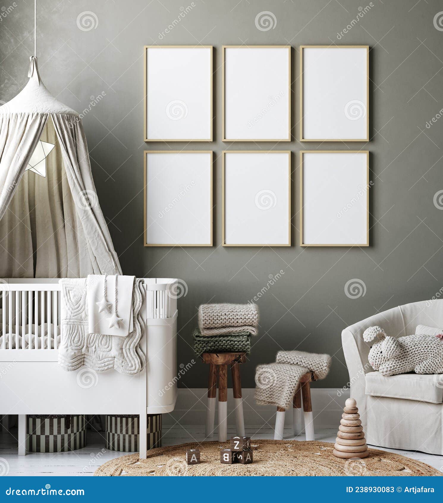 mock up frame in cozy nursery interior background, scandinavian style