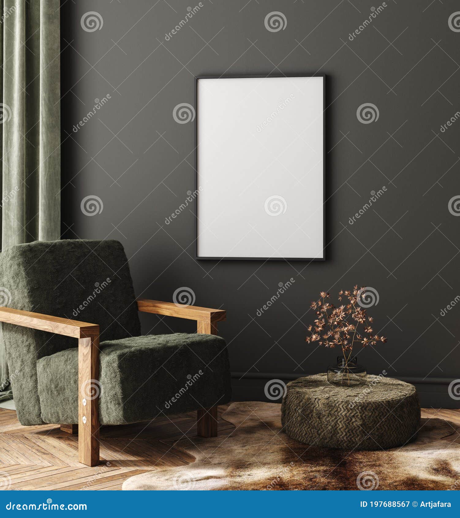 mock-up frame in dark home interior with armchair and branch in vase