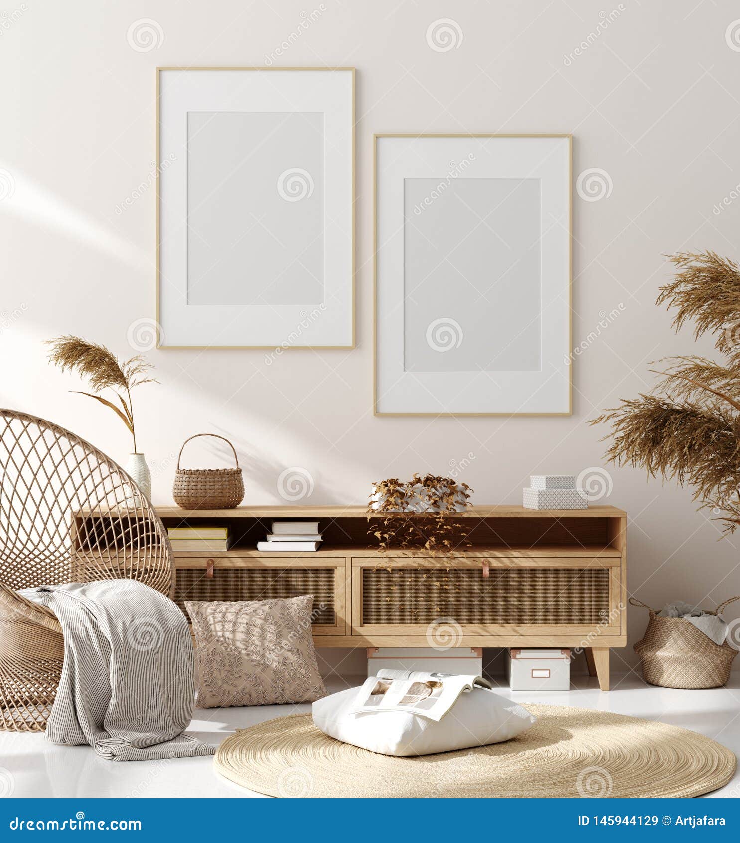 mock up frame in home interior background, beige room with natural wooden furniture, scandinavian style