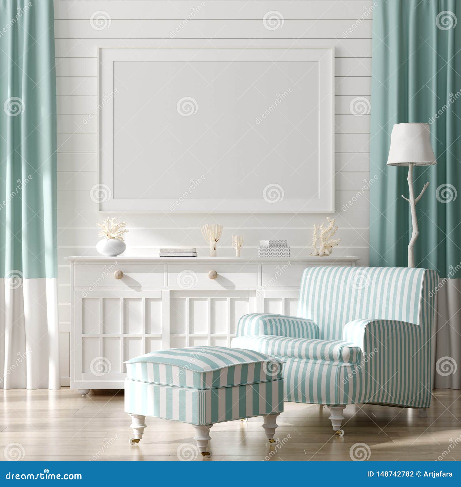 mock up frame in home interior background, coastal style living room with marine decor.