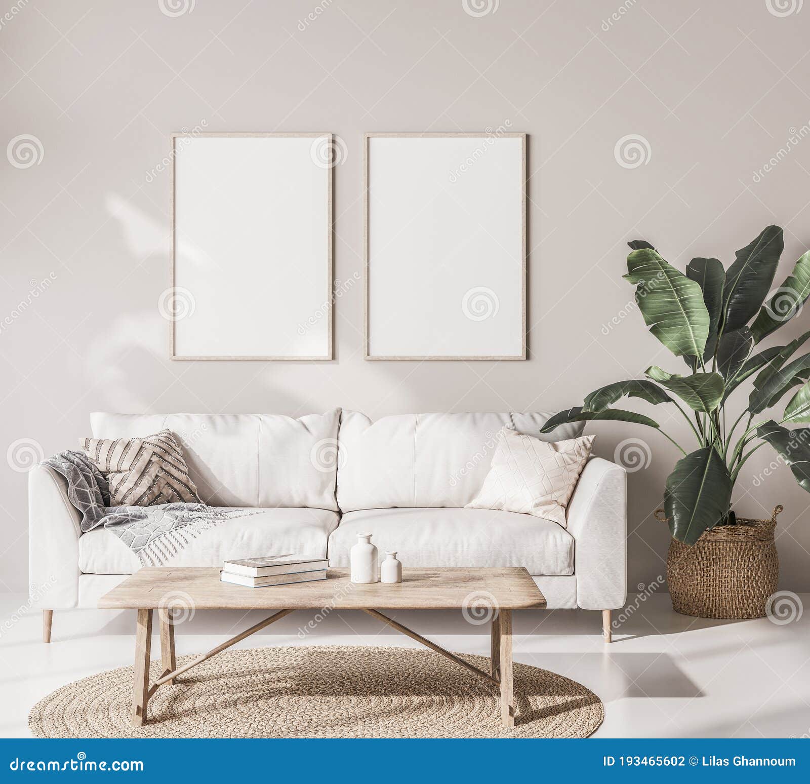 mock up frame poster in scandinavian living room with beige sofa