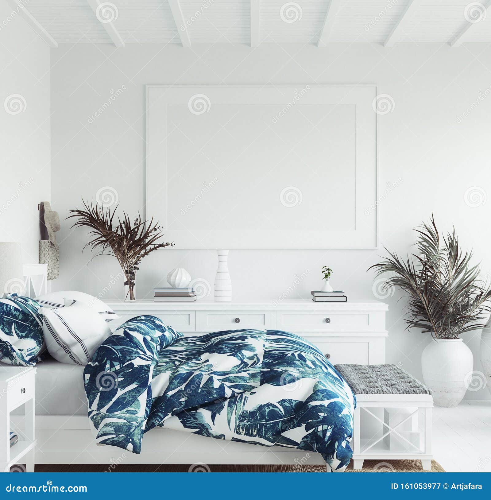 mock up frame in white cozy tropical bedroom interior, coastal style