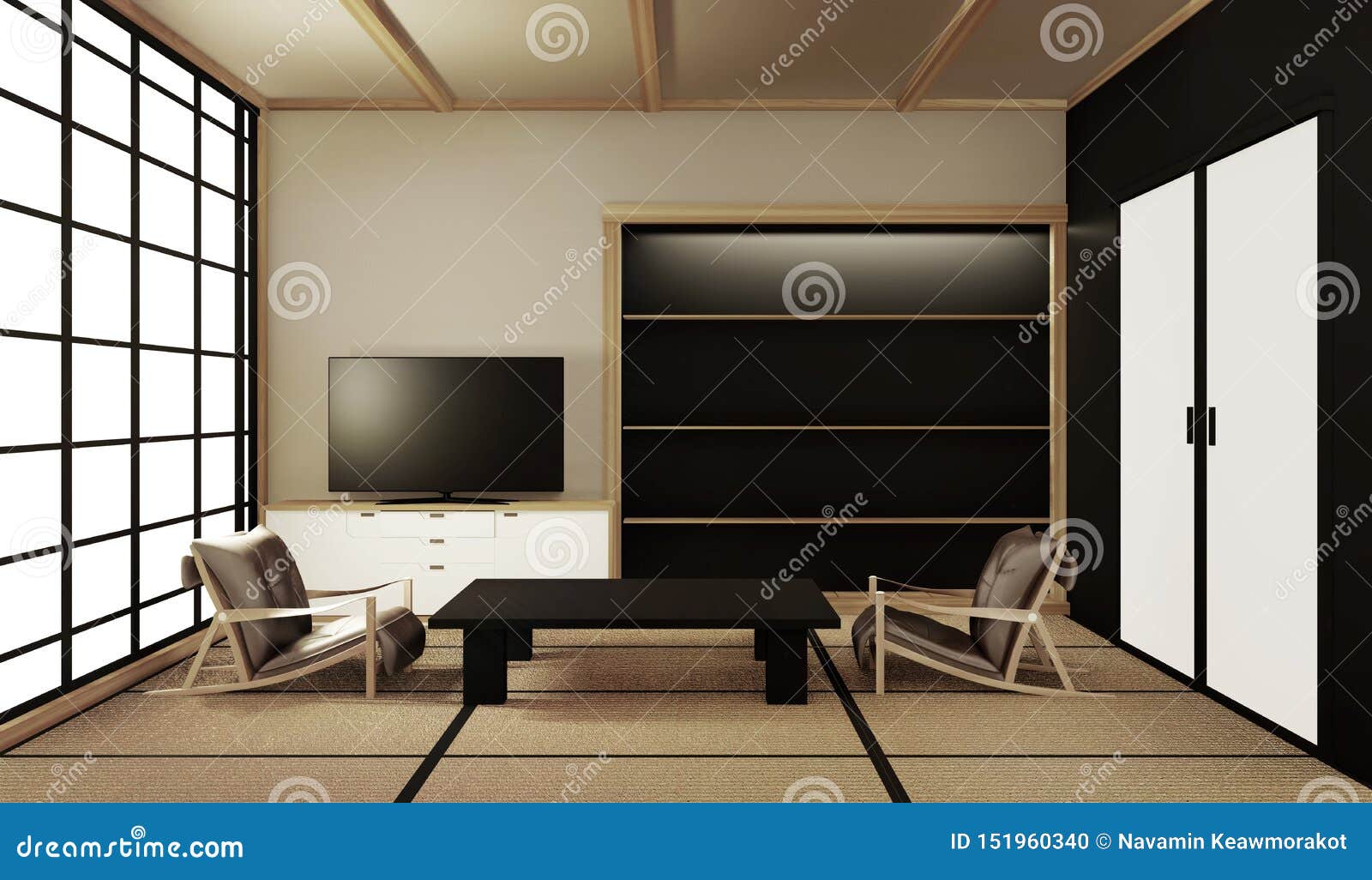 Interior Design Modern Living Room With Table On Tatami Mat
