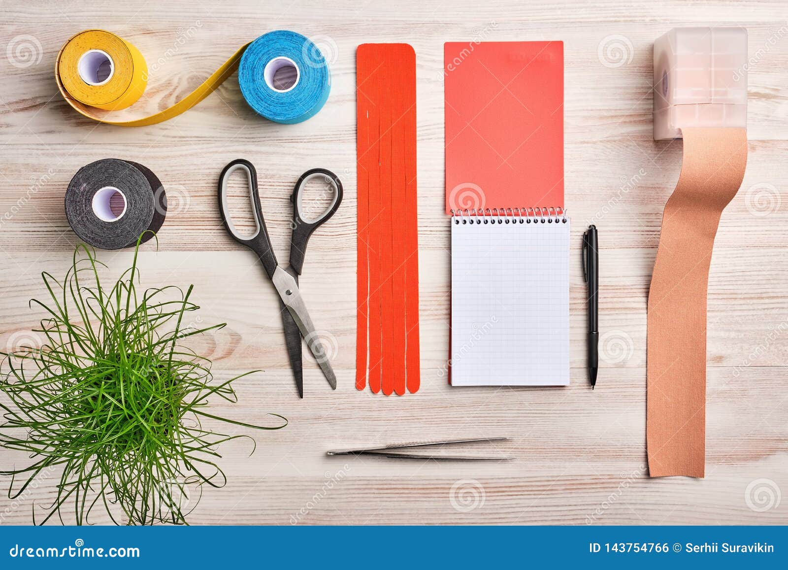 Download Mock Up With Notebook, Rolls Of Colored Kinesio Tape, Scissors, Tweezers And Other Tools Stock ...