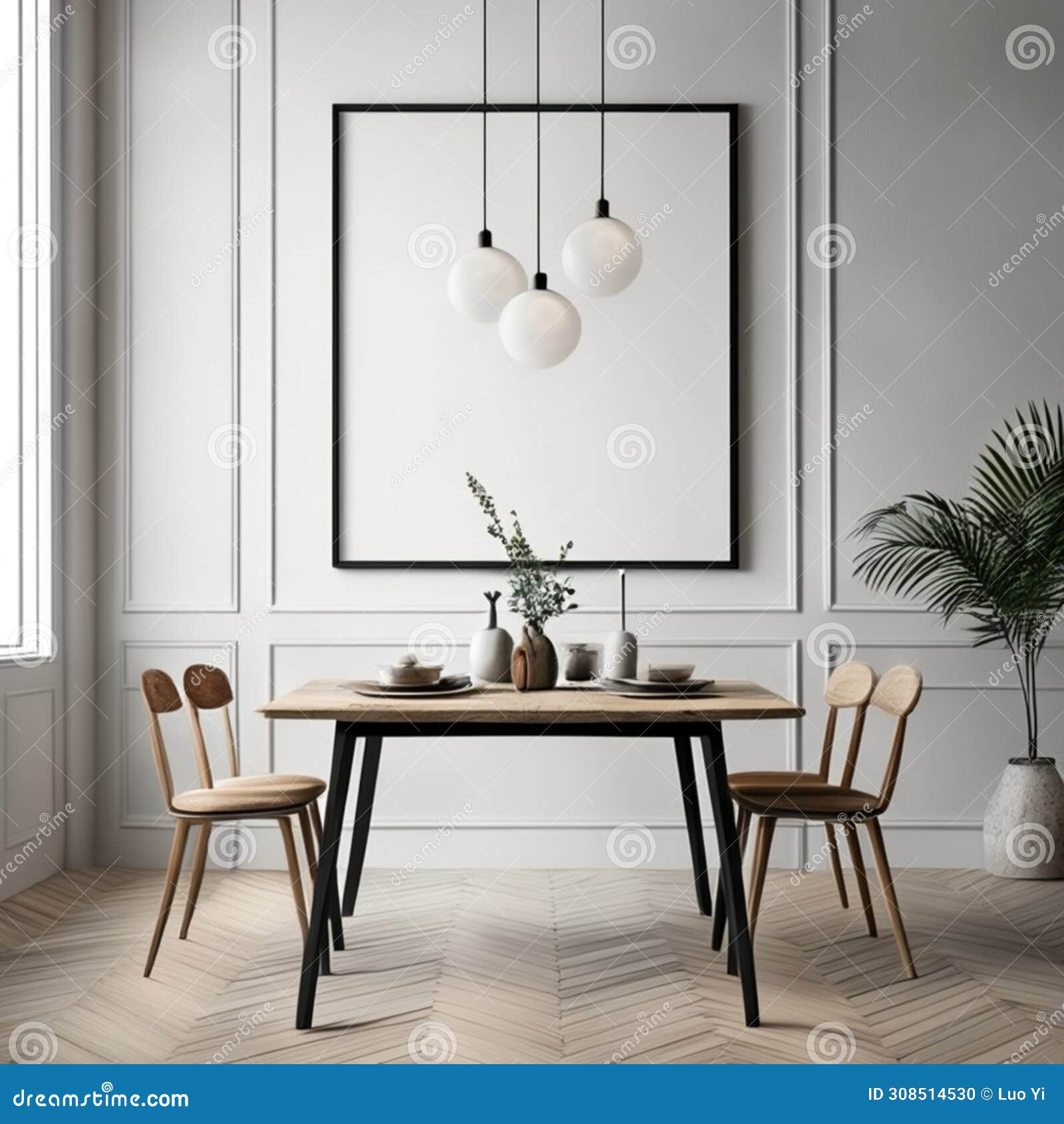 mock up poster frame in white scandinavian dining room