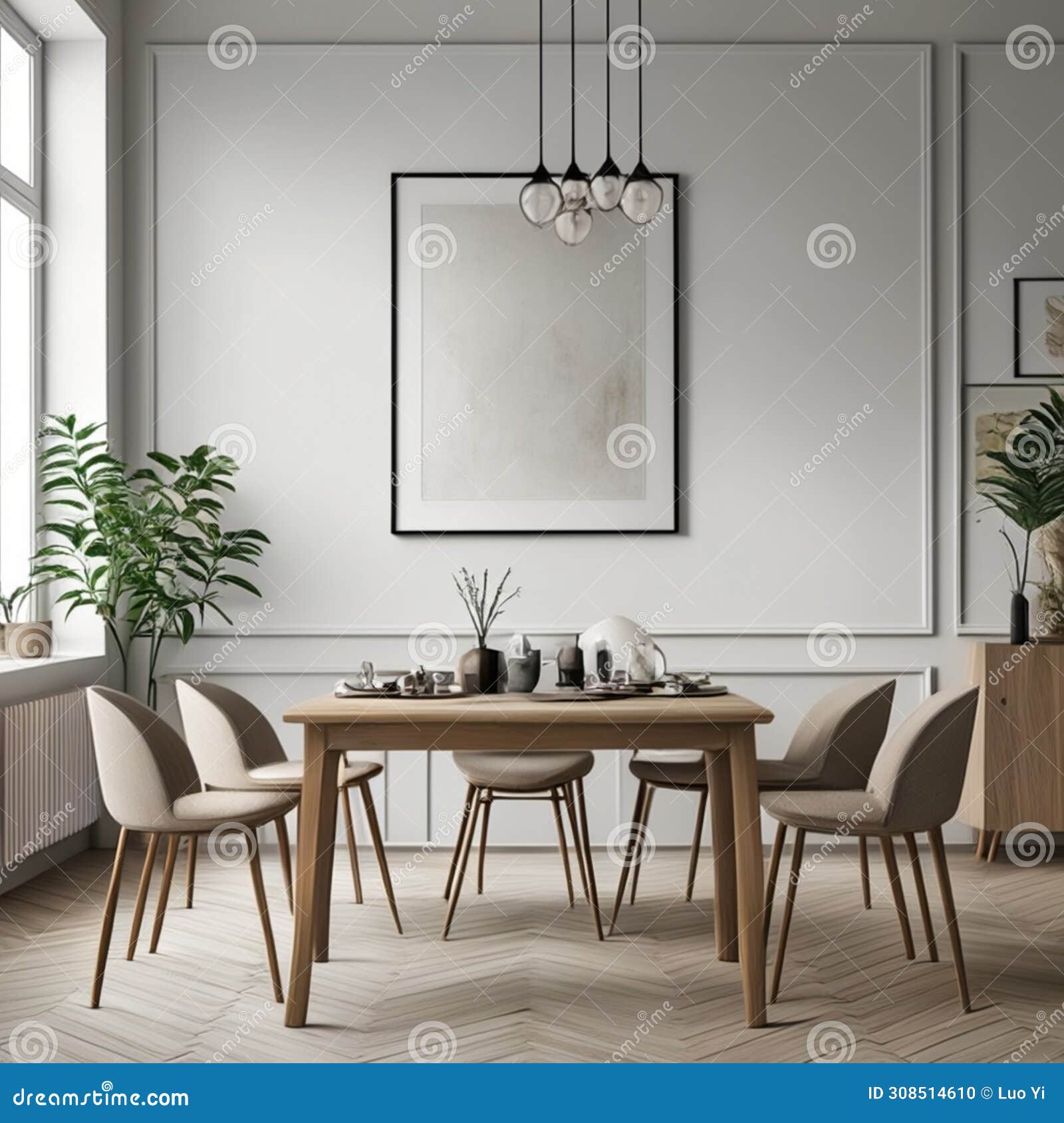 mock up poster frame in white scandinavian dining room