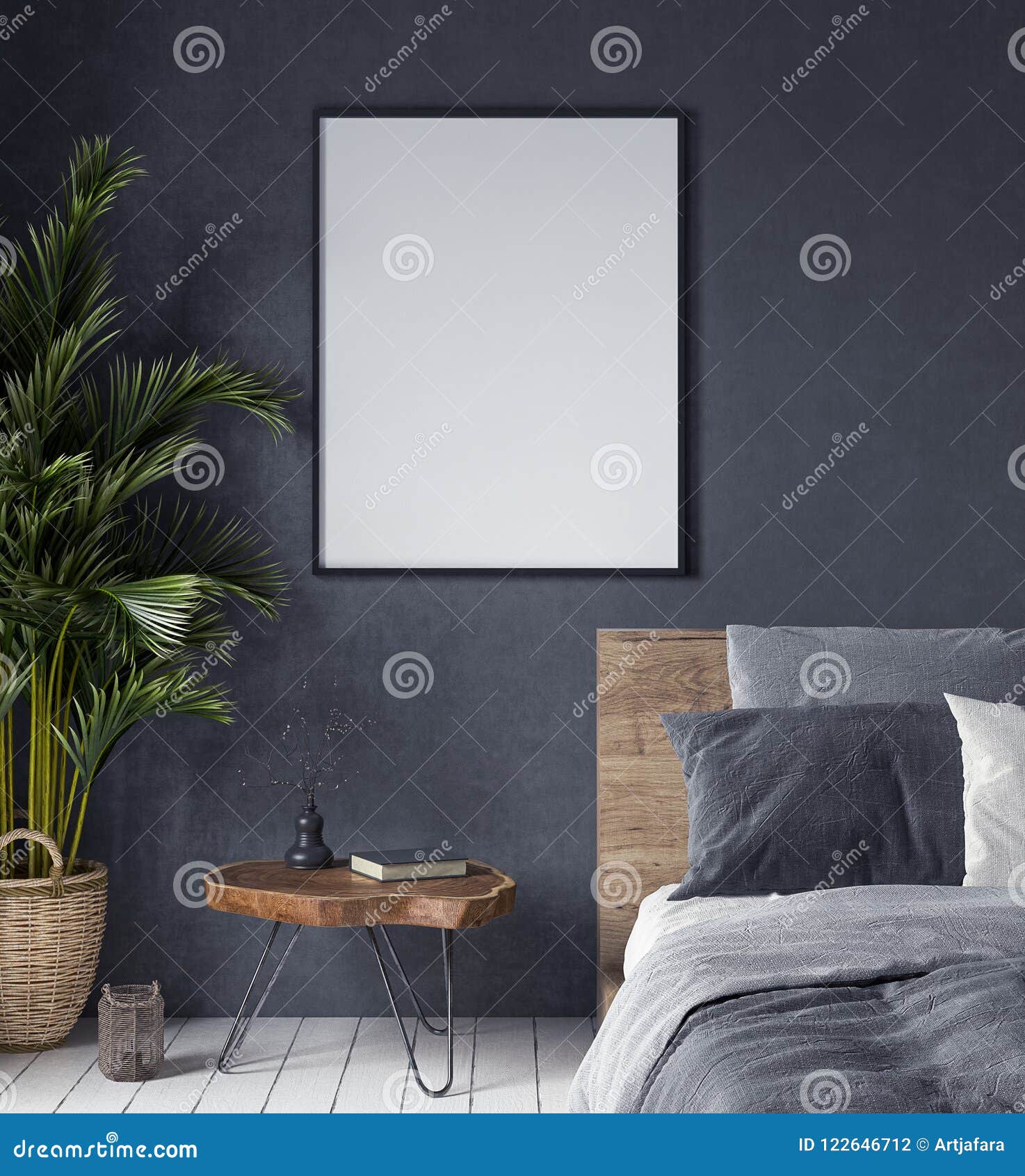 mock up poster in bedroom interior,ethnic style