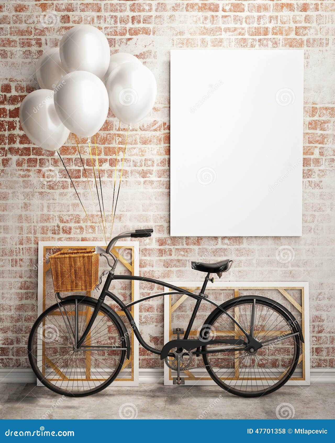 Mock Up Poster With Bicycle And Balloons In Loft Interior Stock Photo 