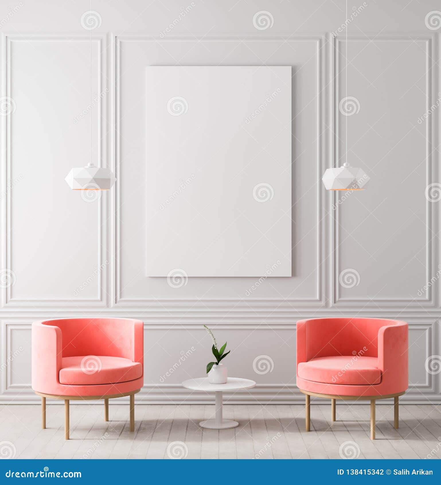 mock up poster frame in classic style interior. minimalist classic room with armchair. 3d 