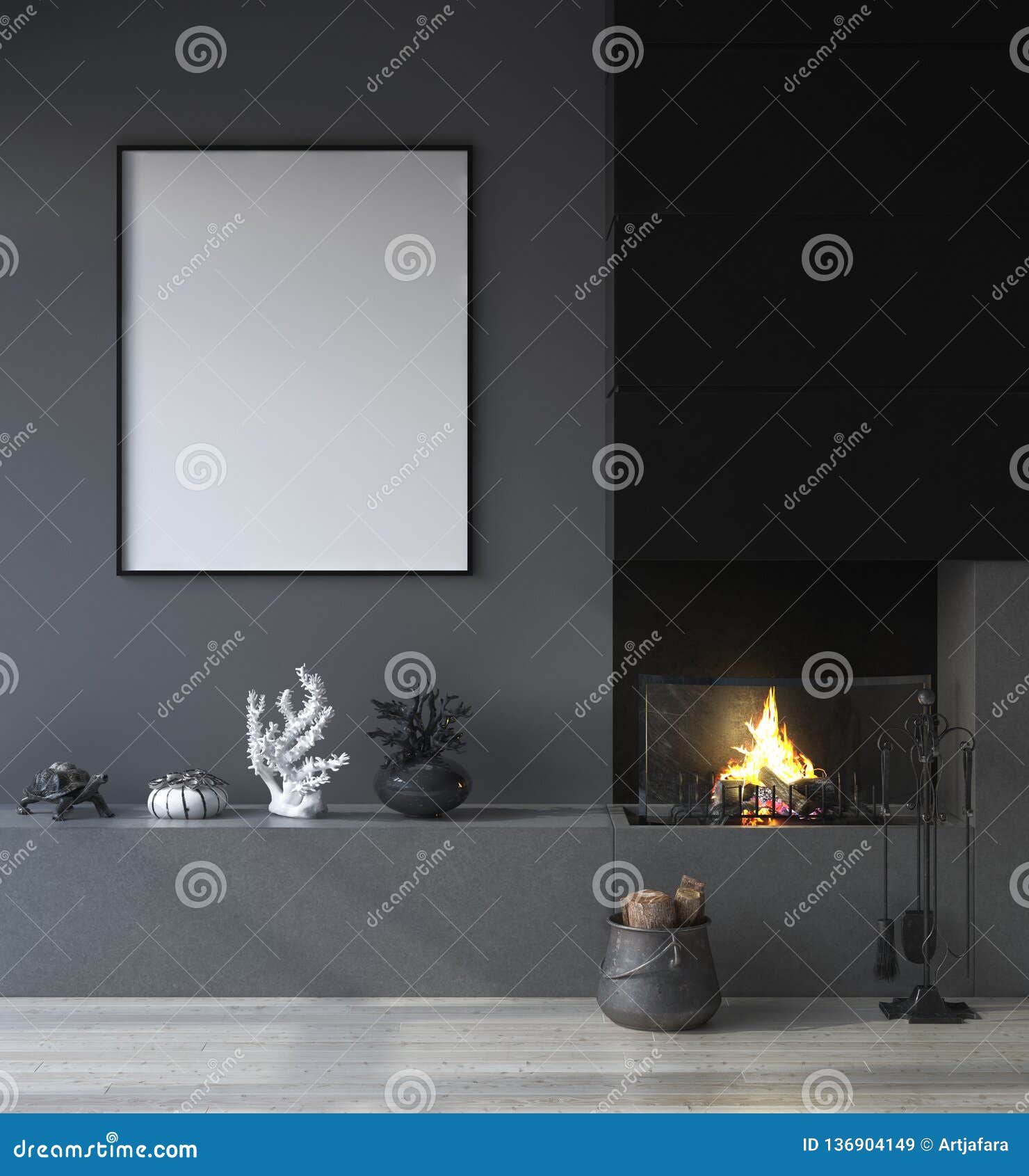 Download Mock Up Poster Frame In Dark Interior Background With Fireplace Stock Illustration ...