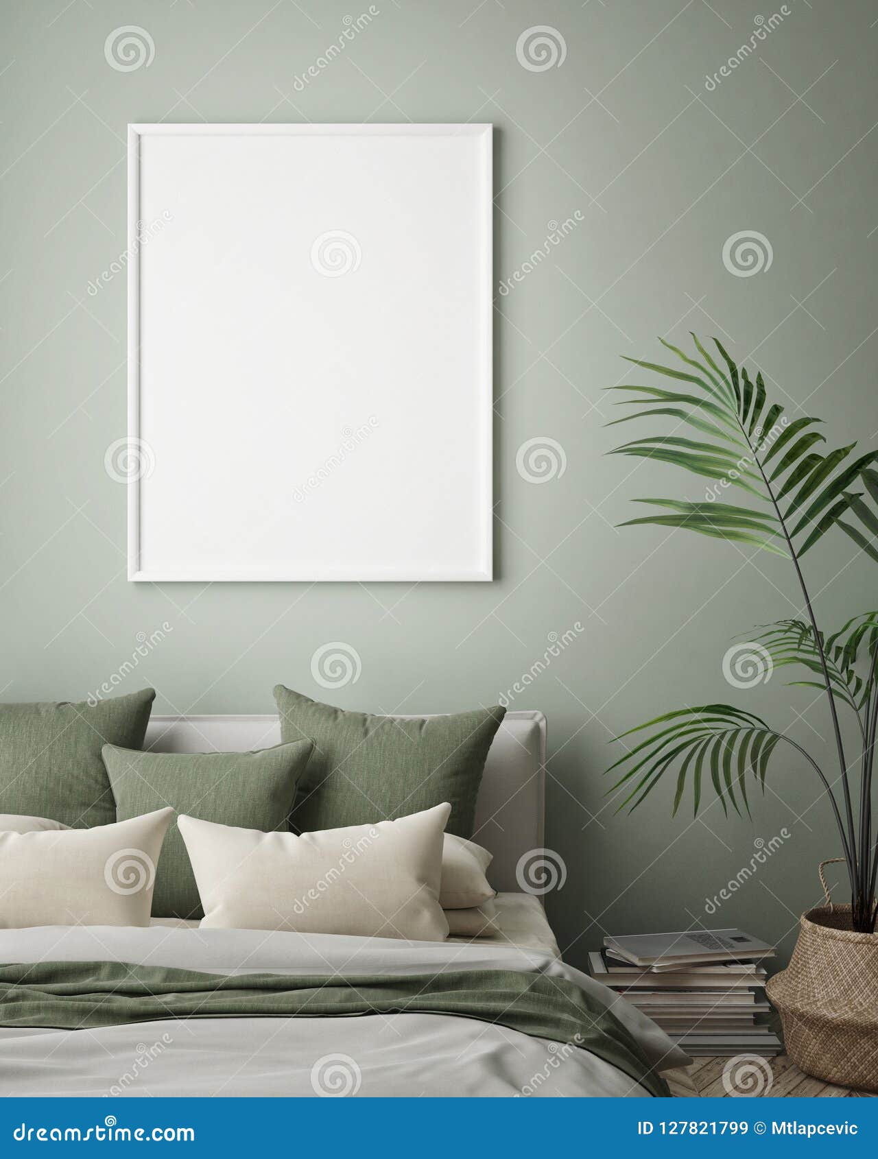 mock up poster frame in hipster interior background, bedroom, scandinavian style, 3d render, 3d 