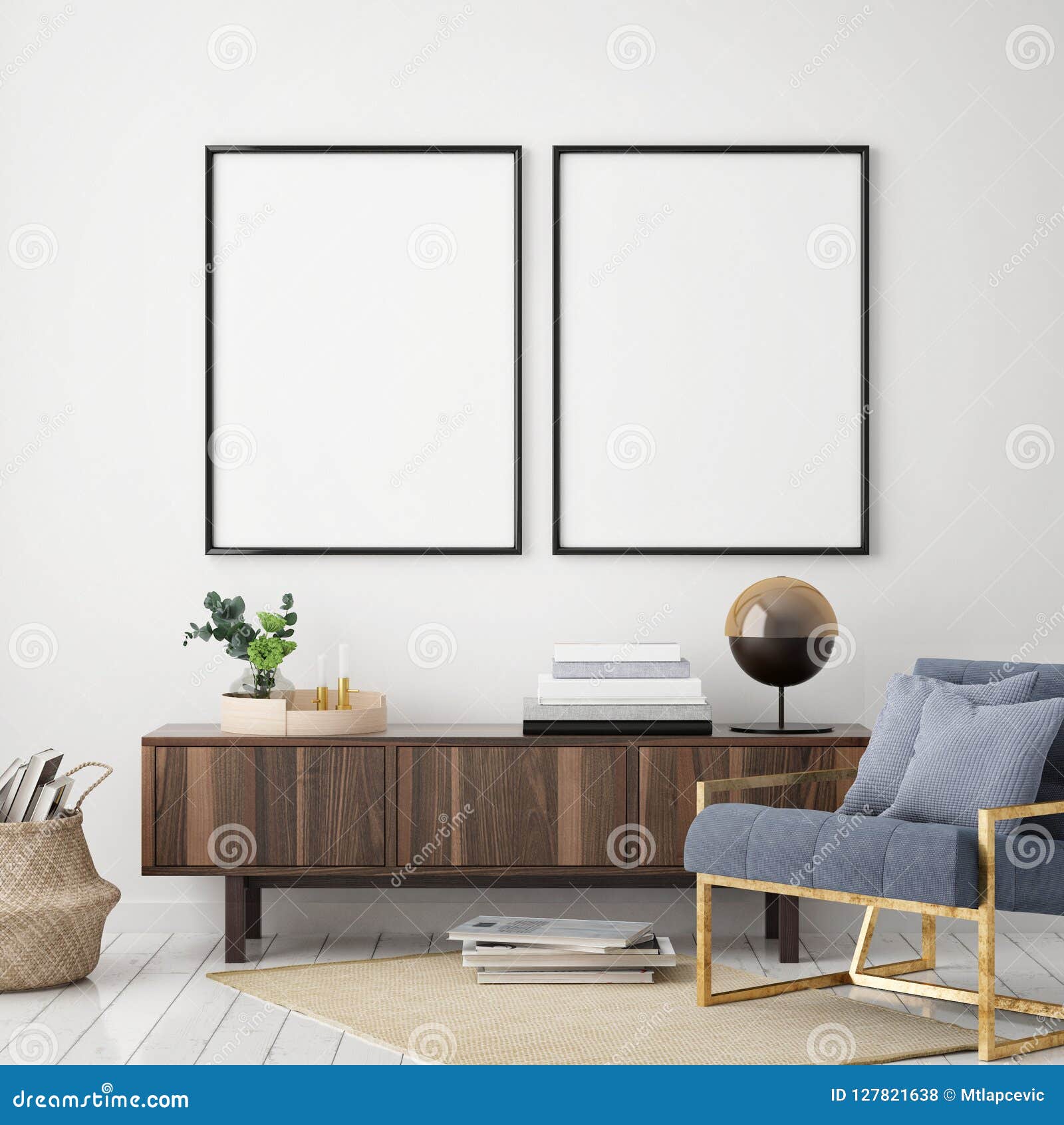 mock up poster frame in hipster interior background, living room,scandinavian style, 3d render, 3d 