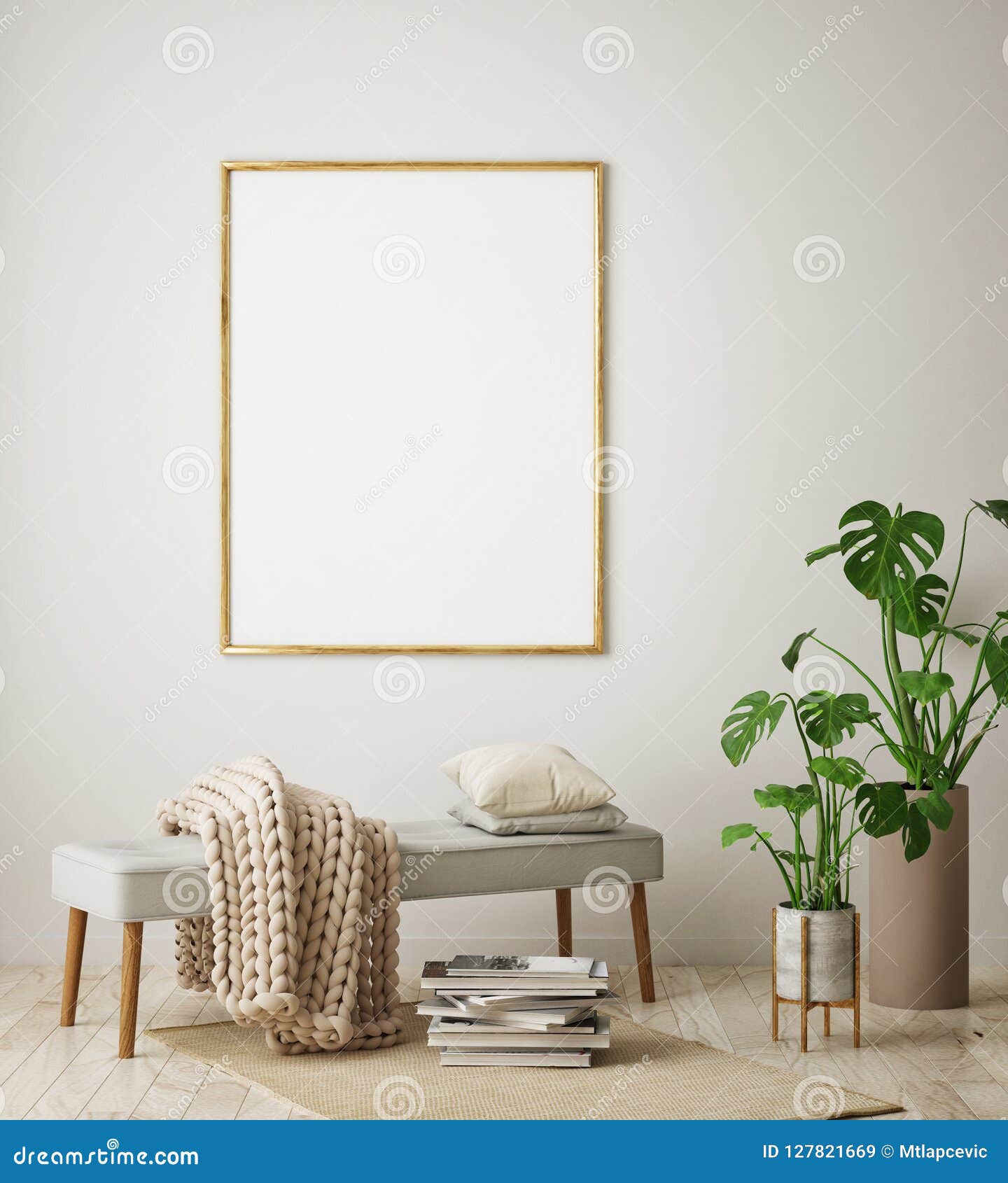mock up poster frame in hipster interior background, living room, scandinavian style, 3d render, 3d 