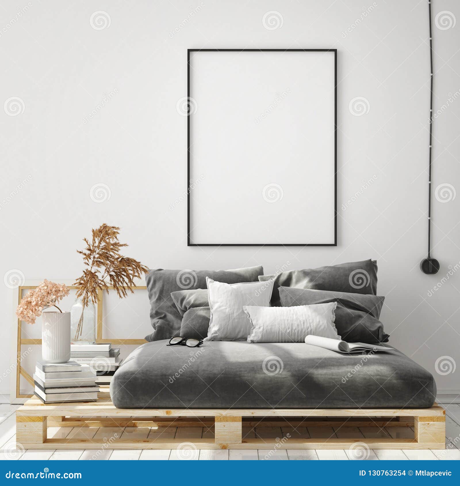 mock up poster frame in hipster interior background, living room,scandinavian style, 3d render, 3d 