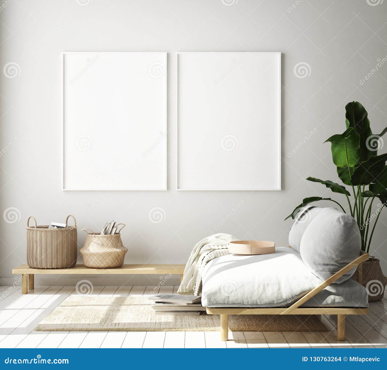 mock up poster frame in hipster interior background, living room,scandinavian style, 3d render, 3d 