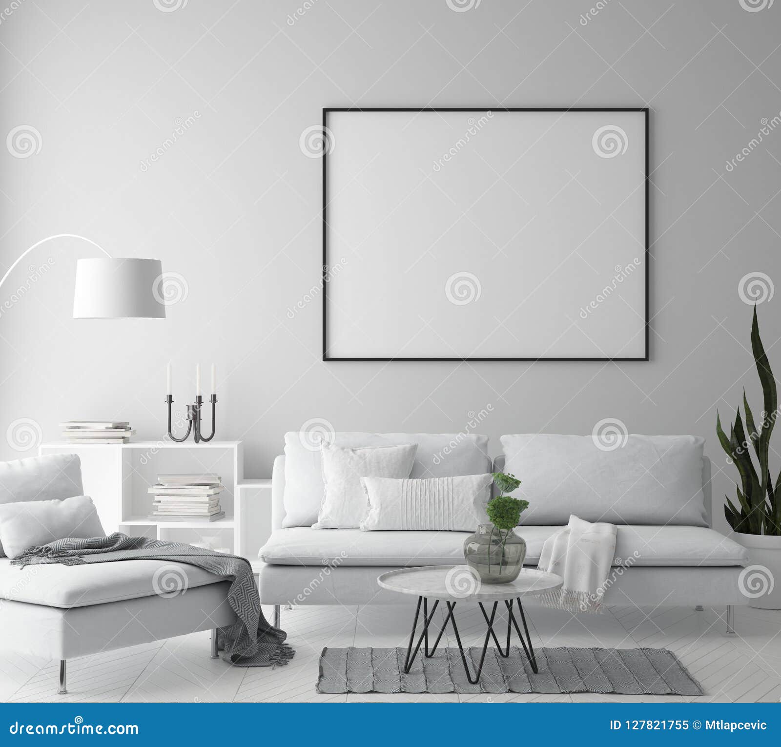 mock up poster frame in hipster interior background, living room, scandinavian style, 3d render, 3d 