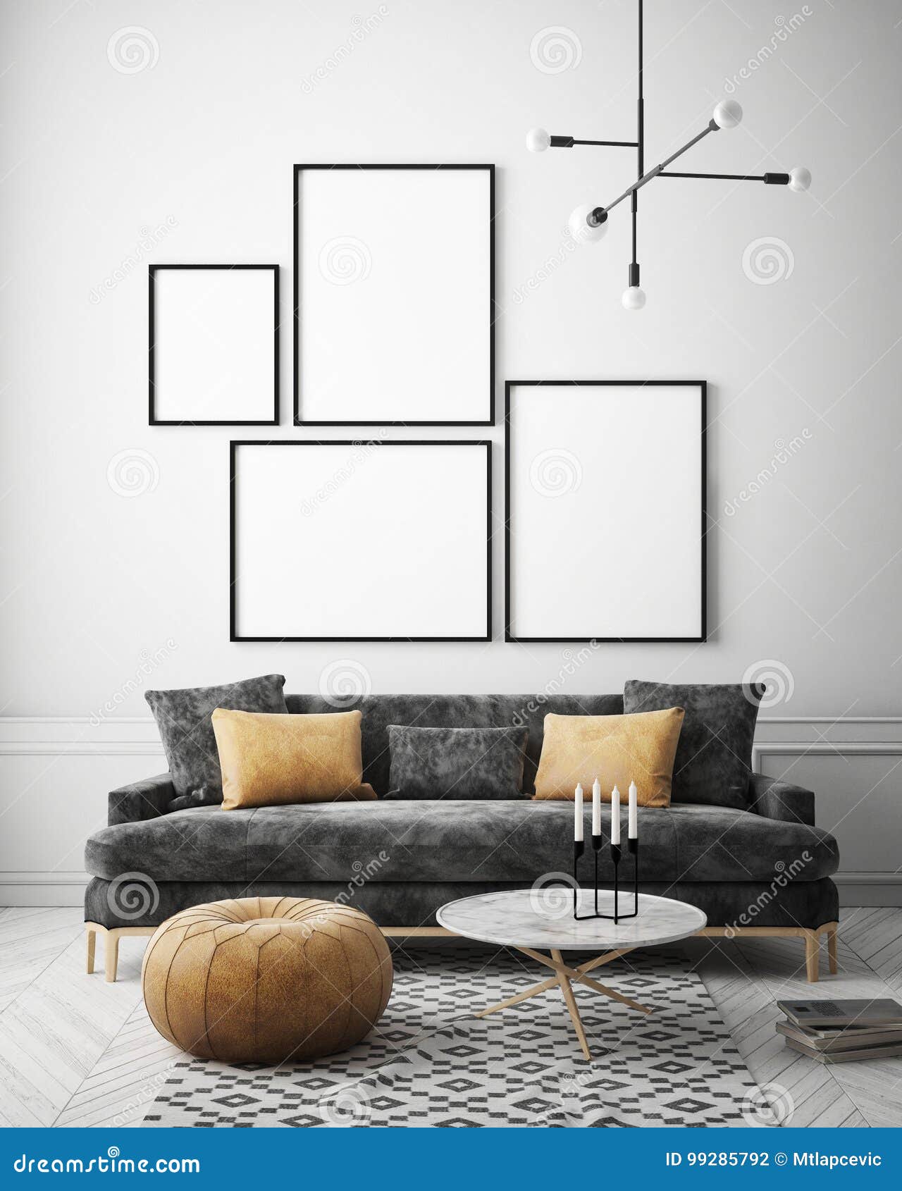 mock up poster frame in hipster interior background, scandinavian style, 3d render