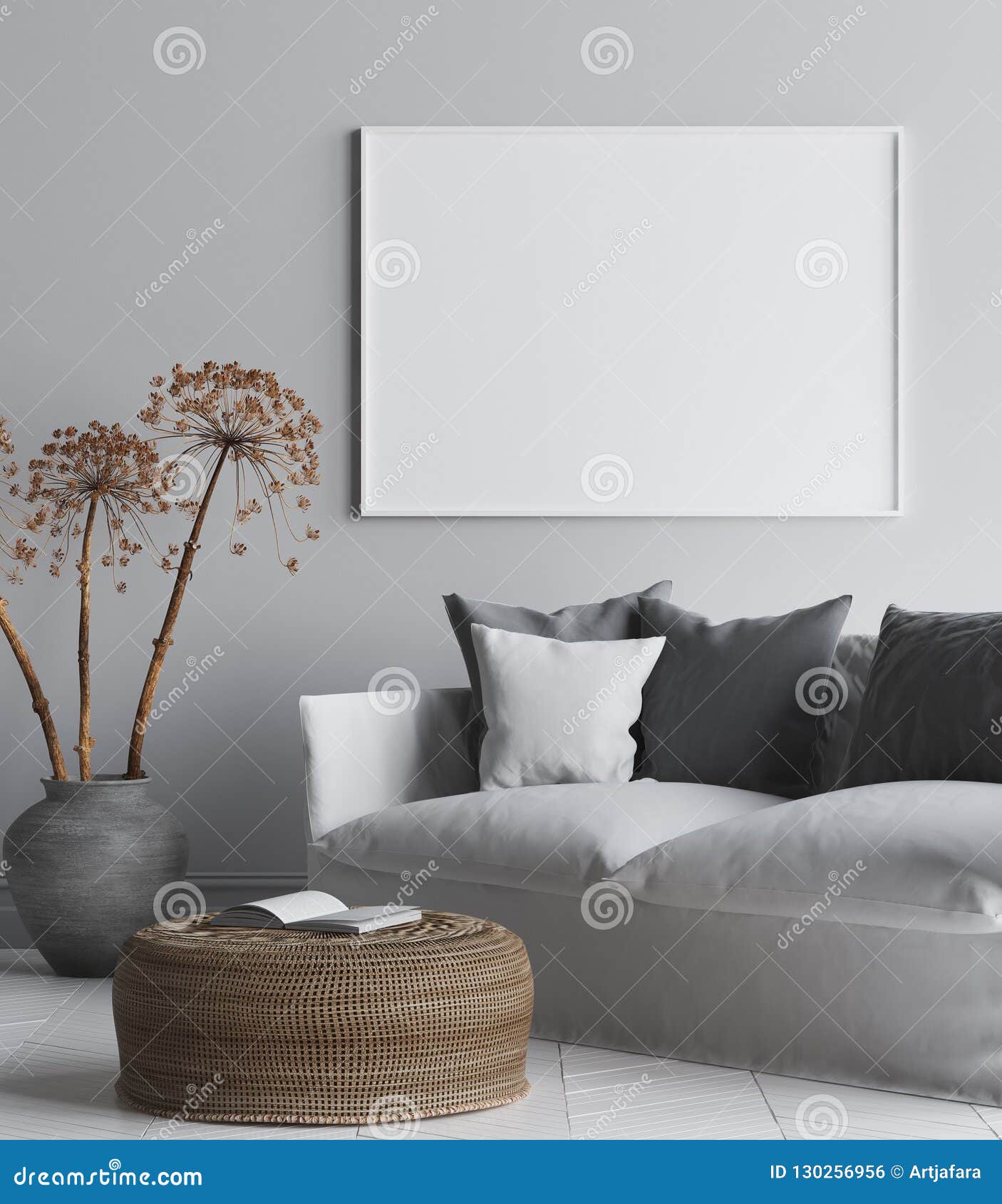 mock up poster frame in interior background, scandi-boho style living room