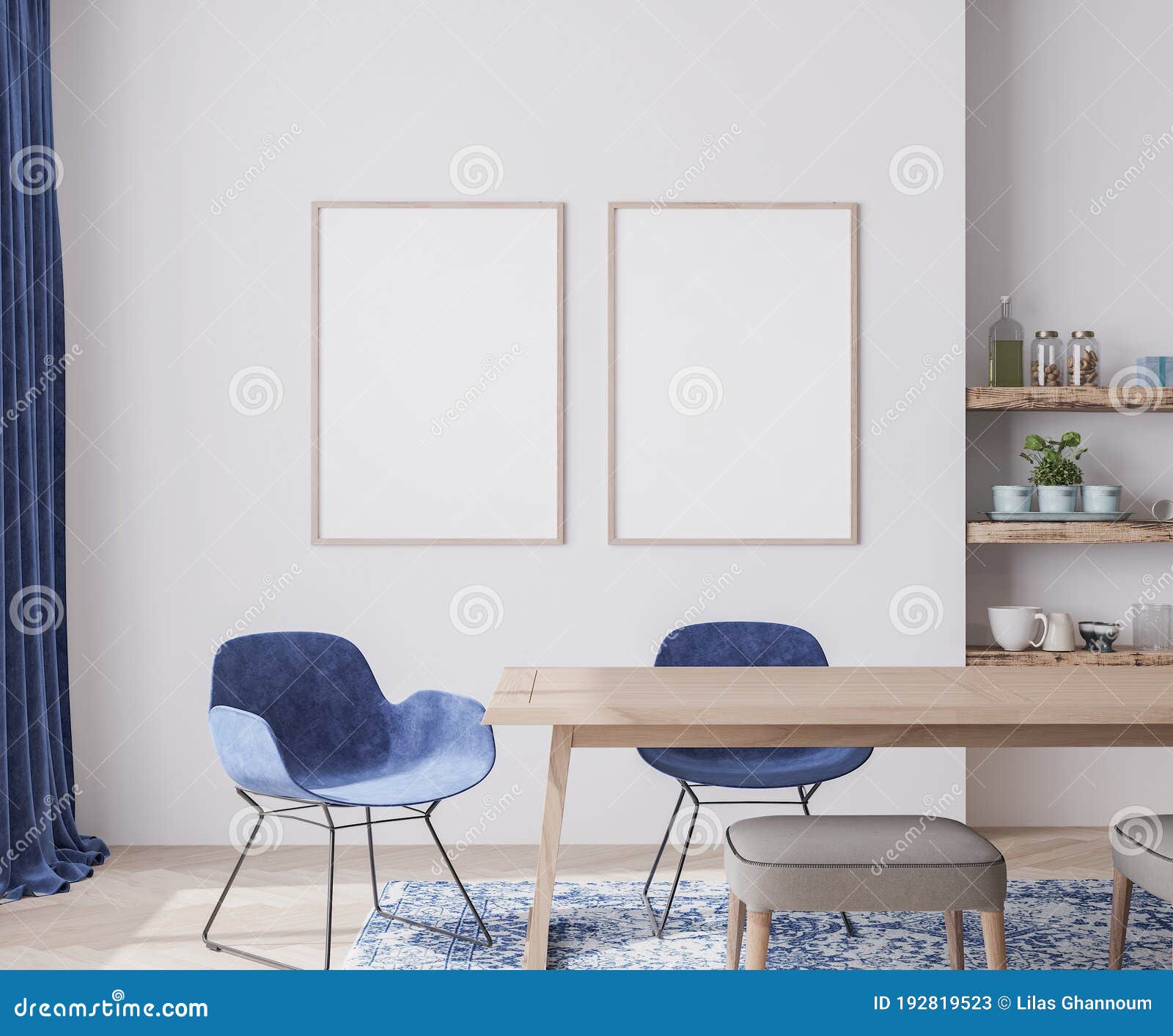 mock up poster frame, interior  for dining room with velvet blue chairs,