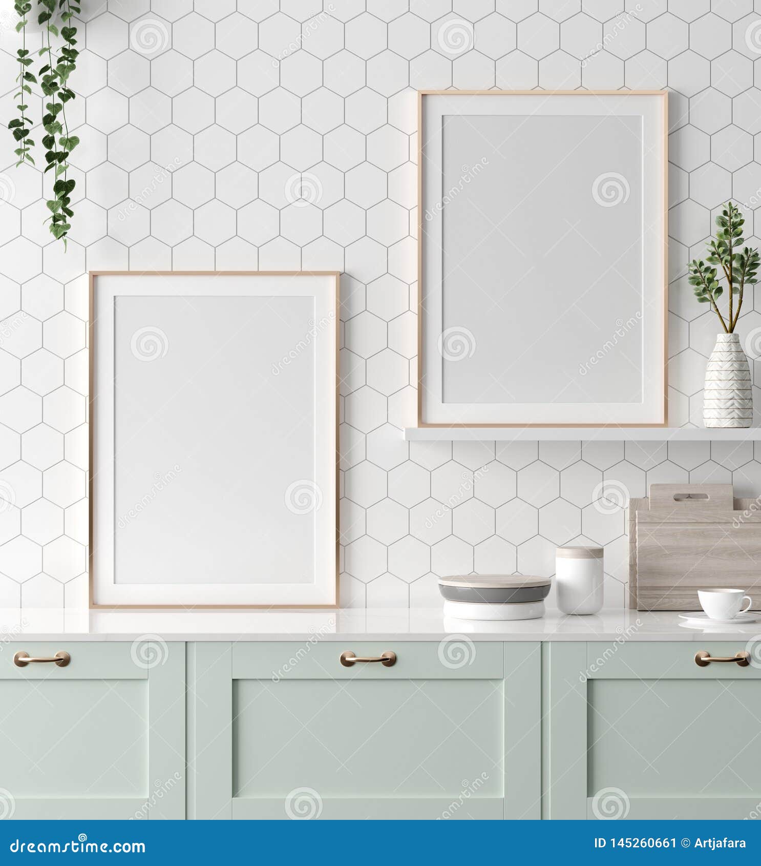 mock up poster frame in kitchen interior, scandinavian style