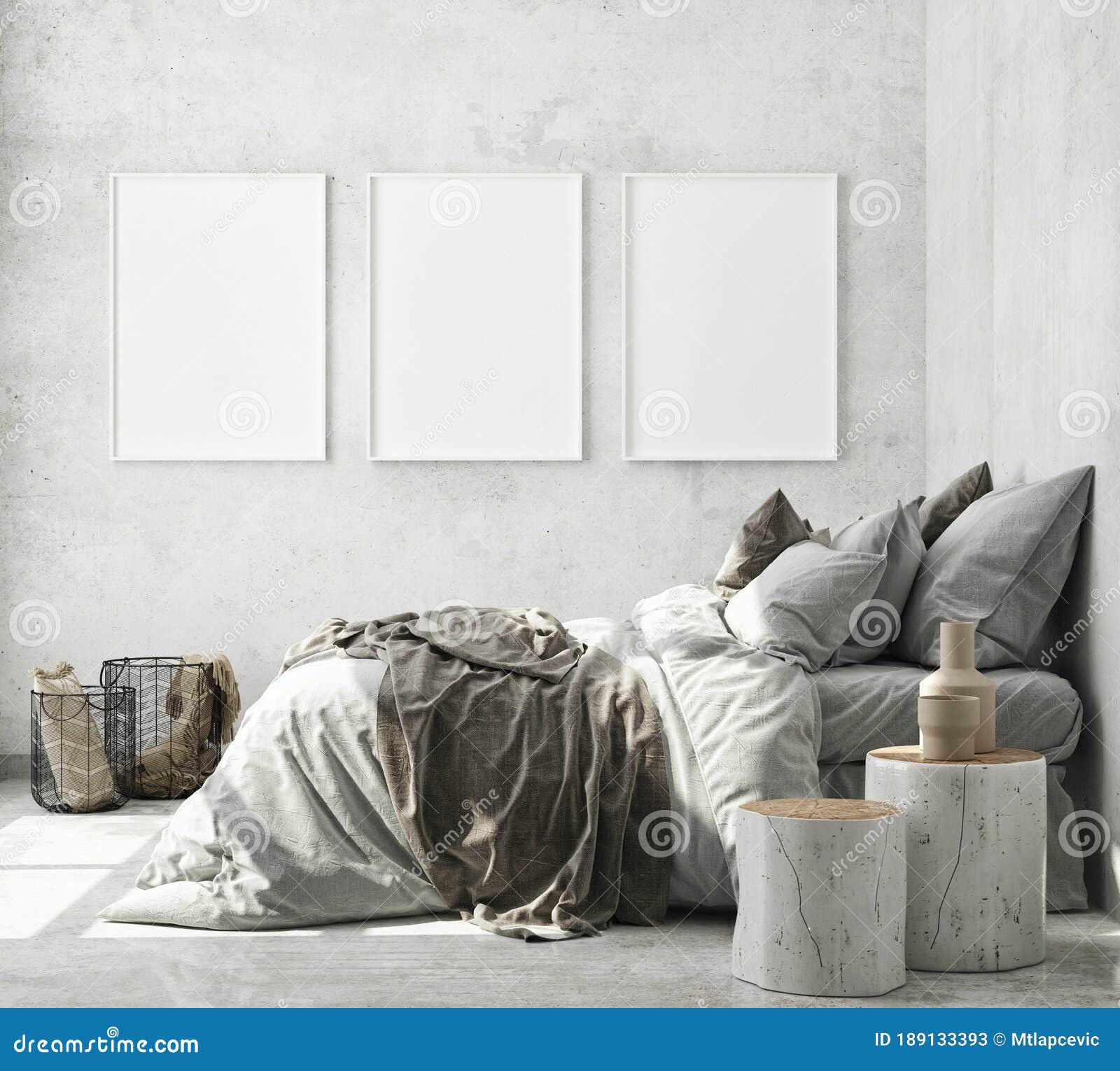 mock up poster frame in modern interior background, bedroom, scandinavian style, 3d render