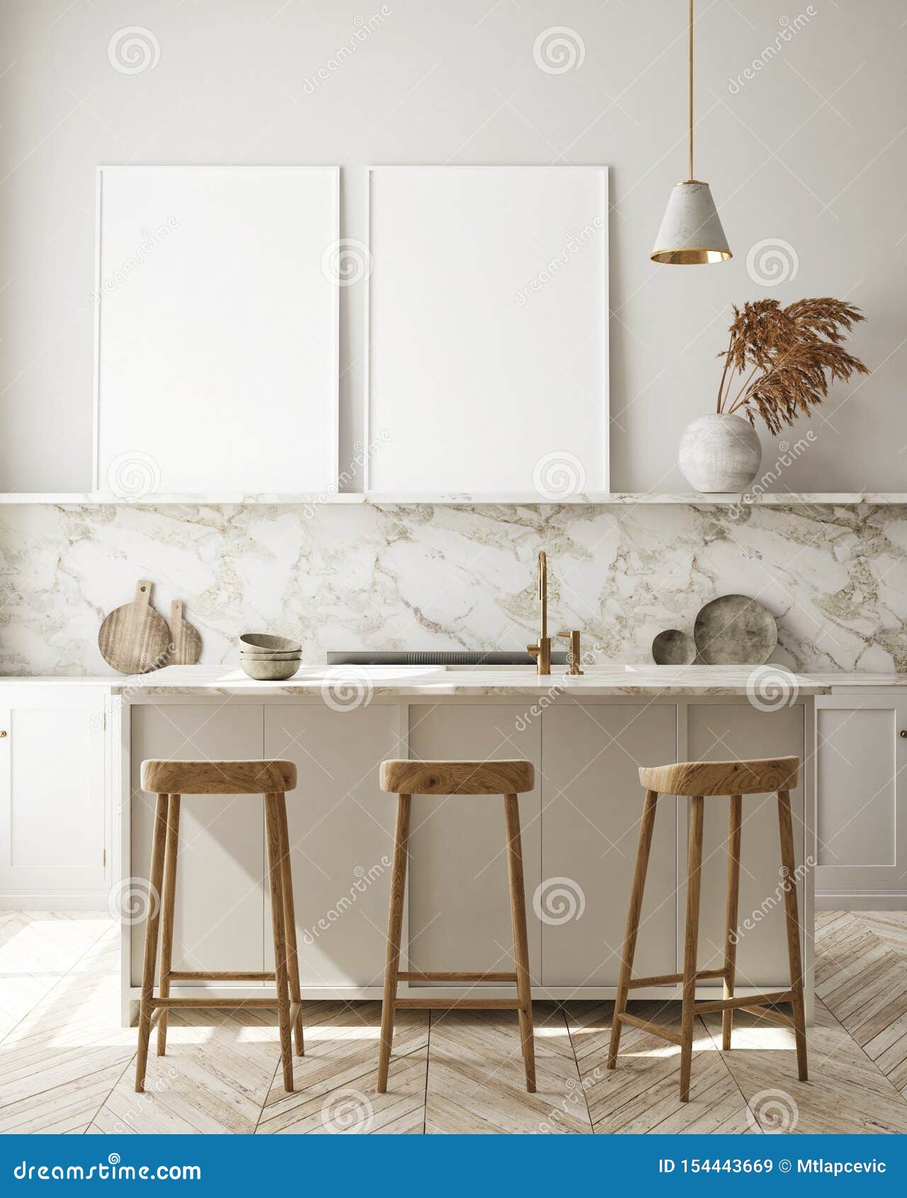 mock up poster frame in modern interior background, kitchen, scandinavian style, 3d render