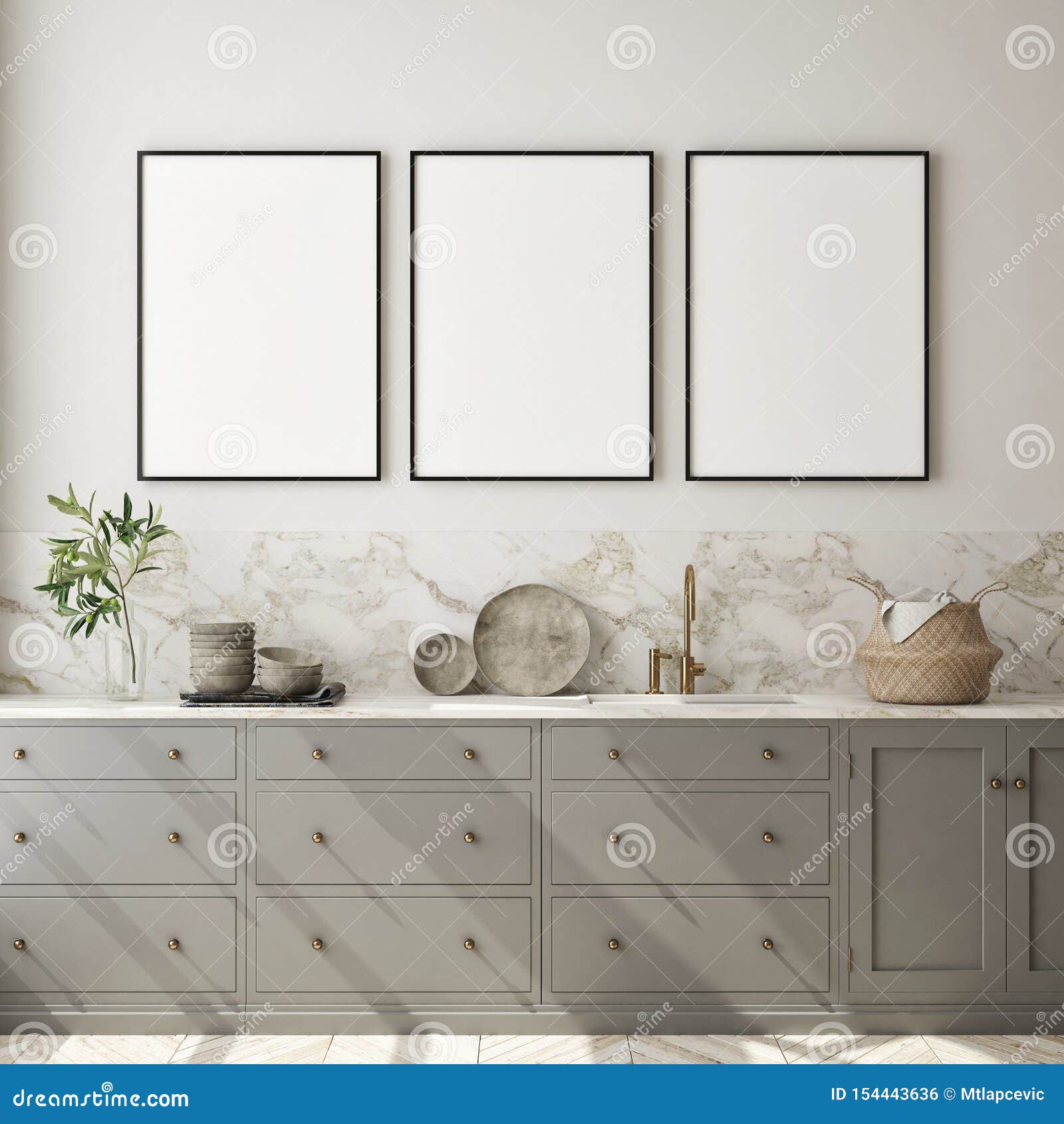 mock up poster frame in modern interior background, kitchen, scandinavian style, 3d render