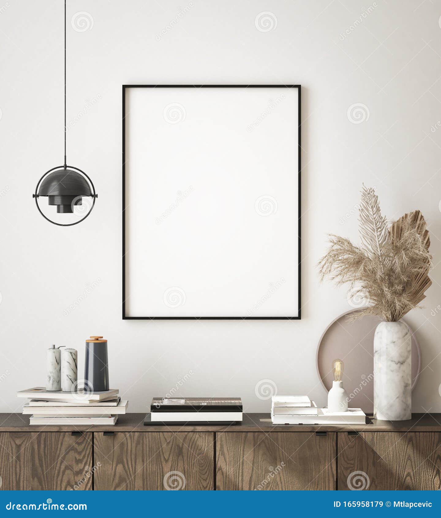 mock up poster frame in modern interior background, living room, scandinavian style, 3d render