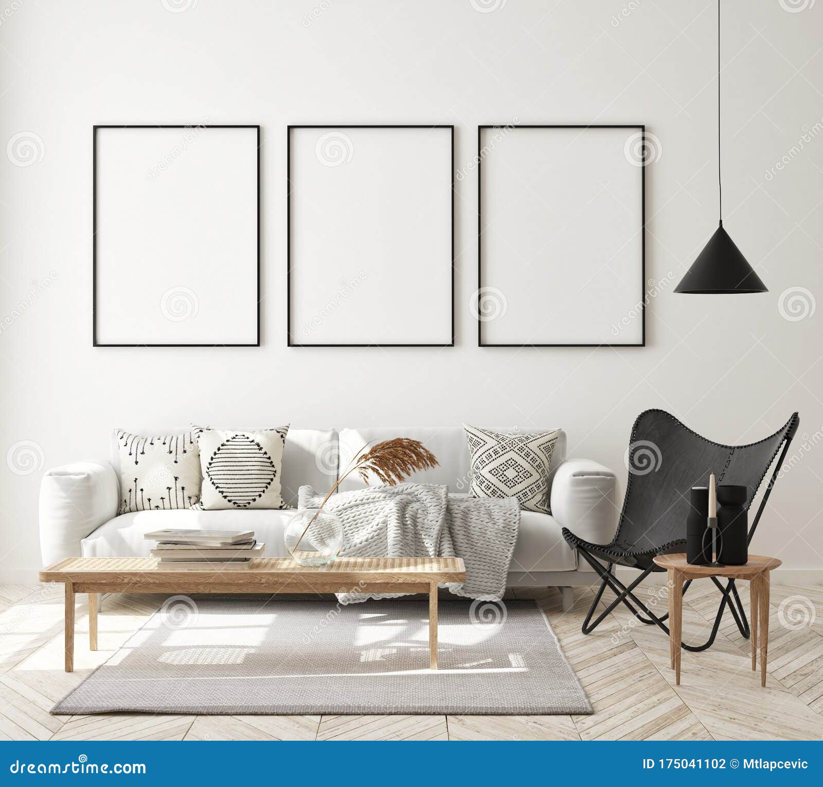 mock up poster frame in modern interior background, livingroom, scandinavian style, 3d render