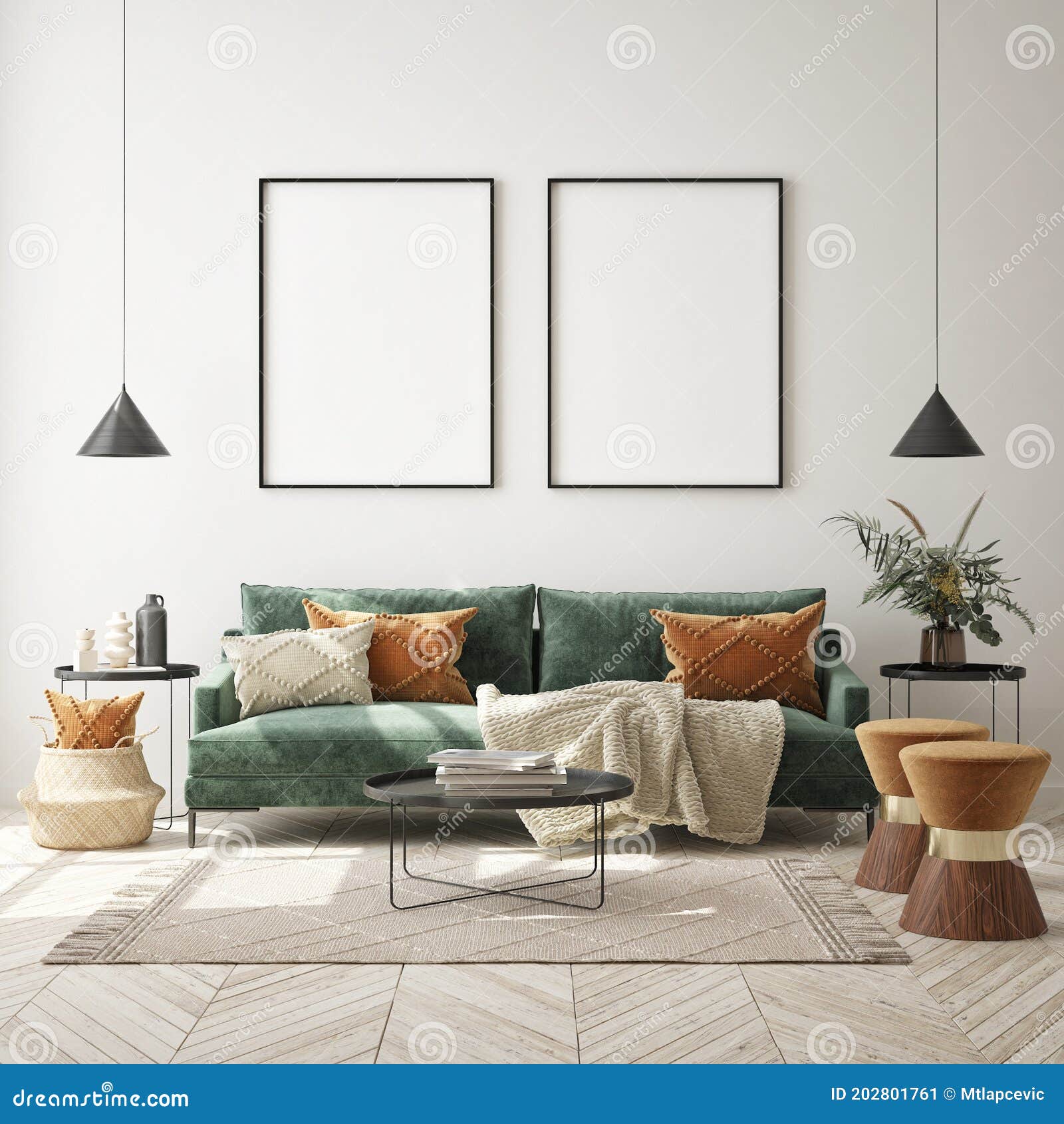 mock up poster frame in modern interior background, livingroom, scandinavian style, 3d render