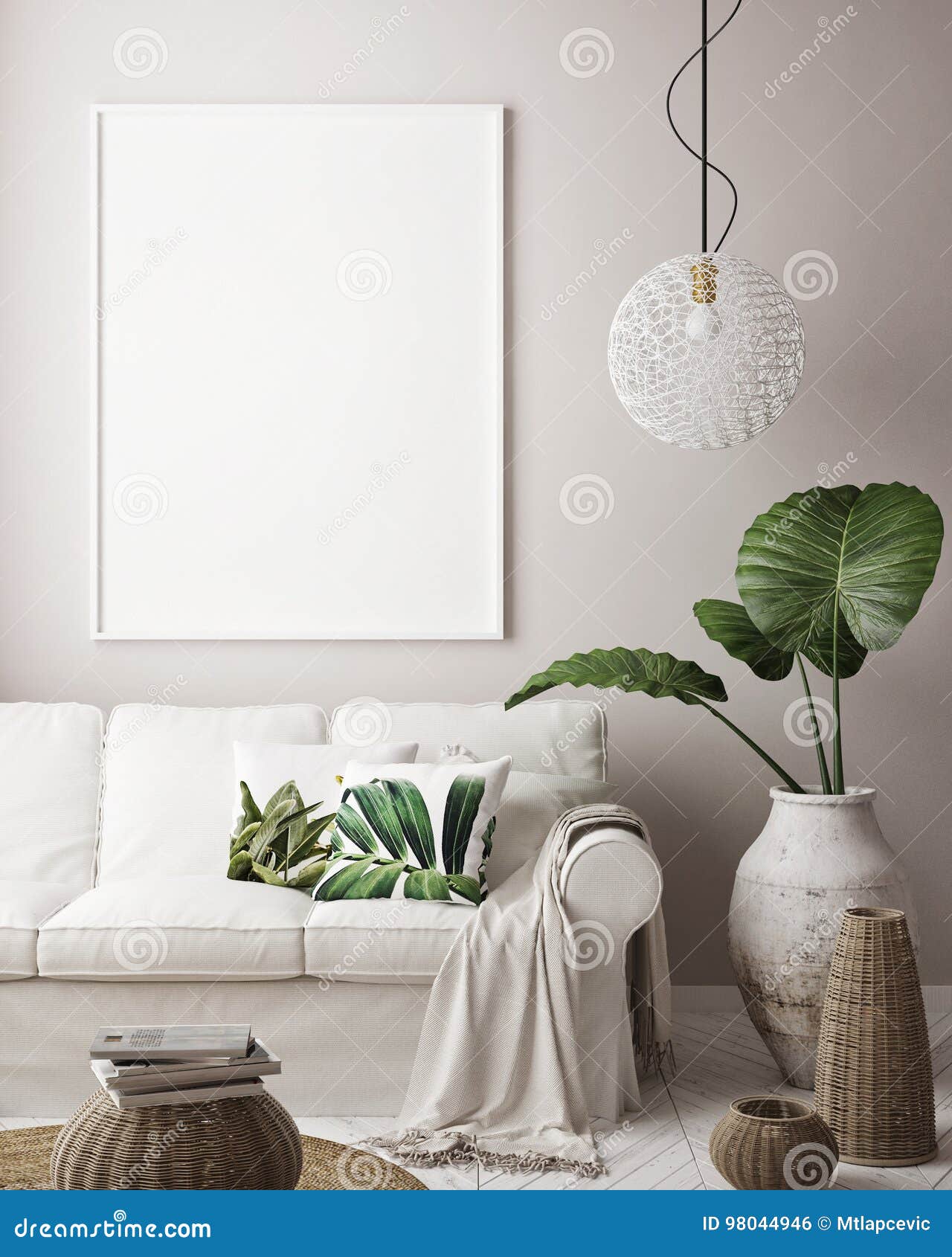 Mock Up Poster Frame in Tropical Bedroom Interior Background