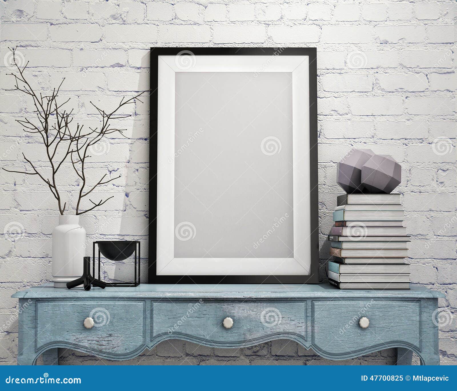 mock up poster frame on vintage chest of drawers, interior