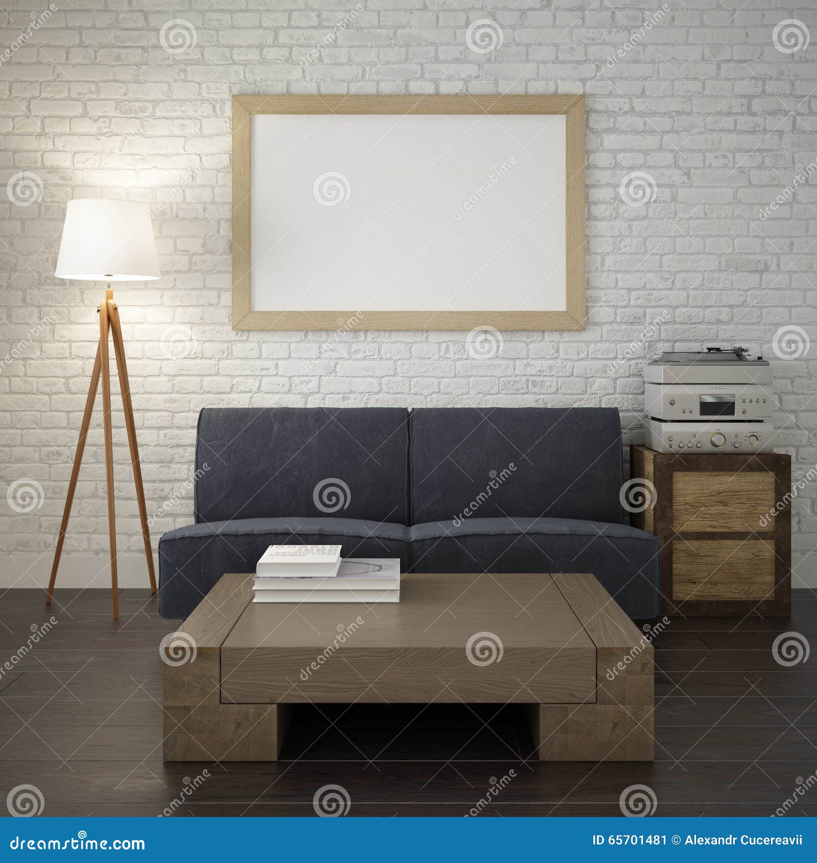 Mock Up Poster Frame On The White Brick Wall Of Living Room Stock