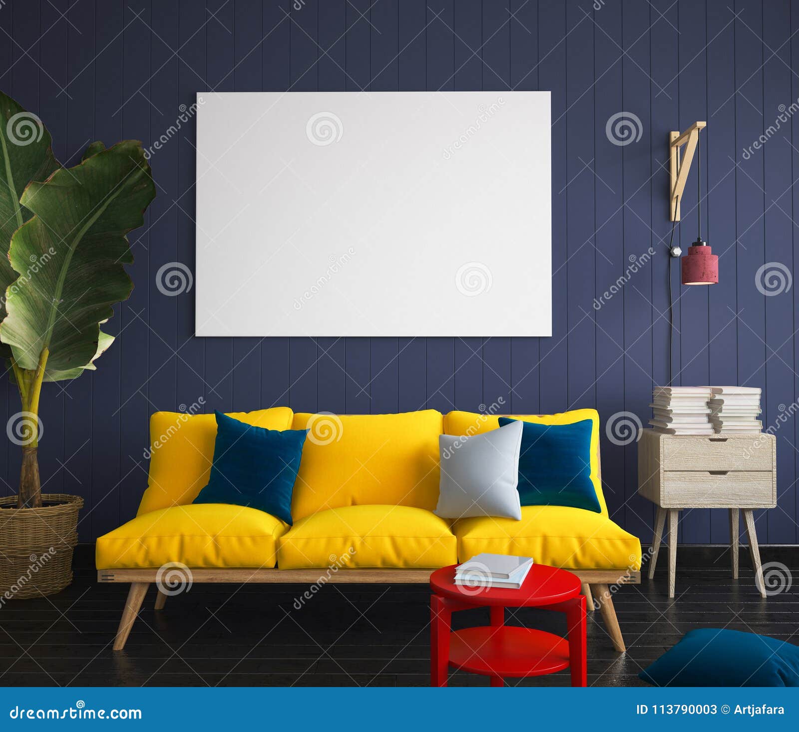 mock up poster in hipster interior with yellow sofa