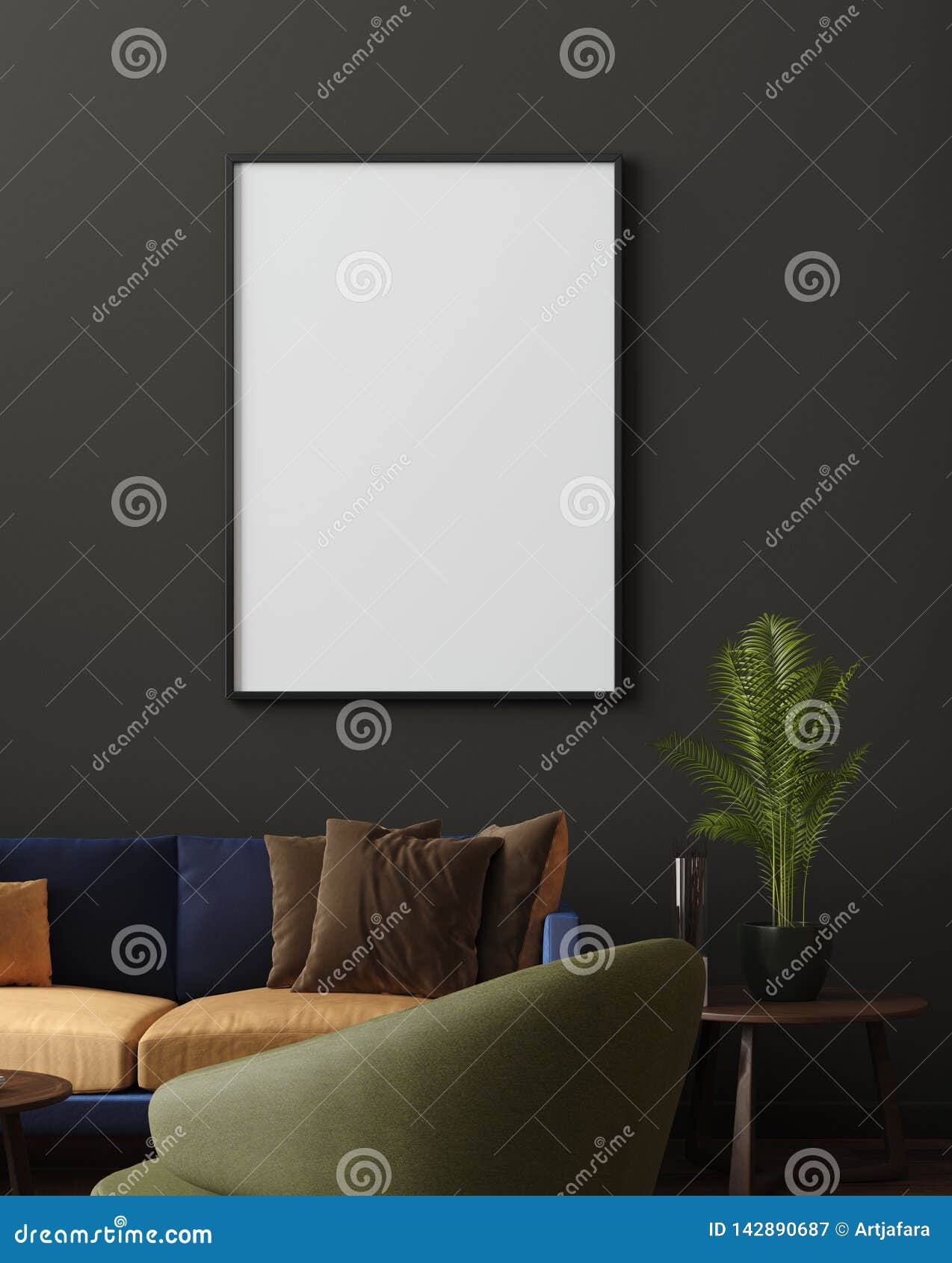 mock up poster in luxury modern living room interior, dark green brown wall, modern sofa and plants