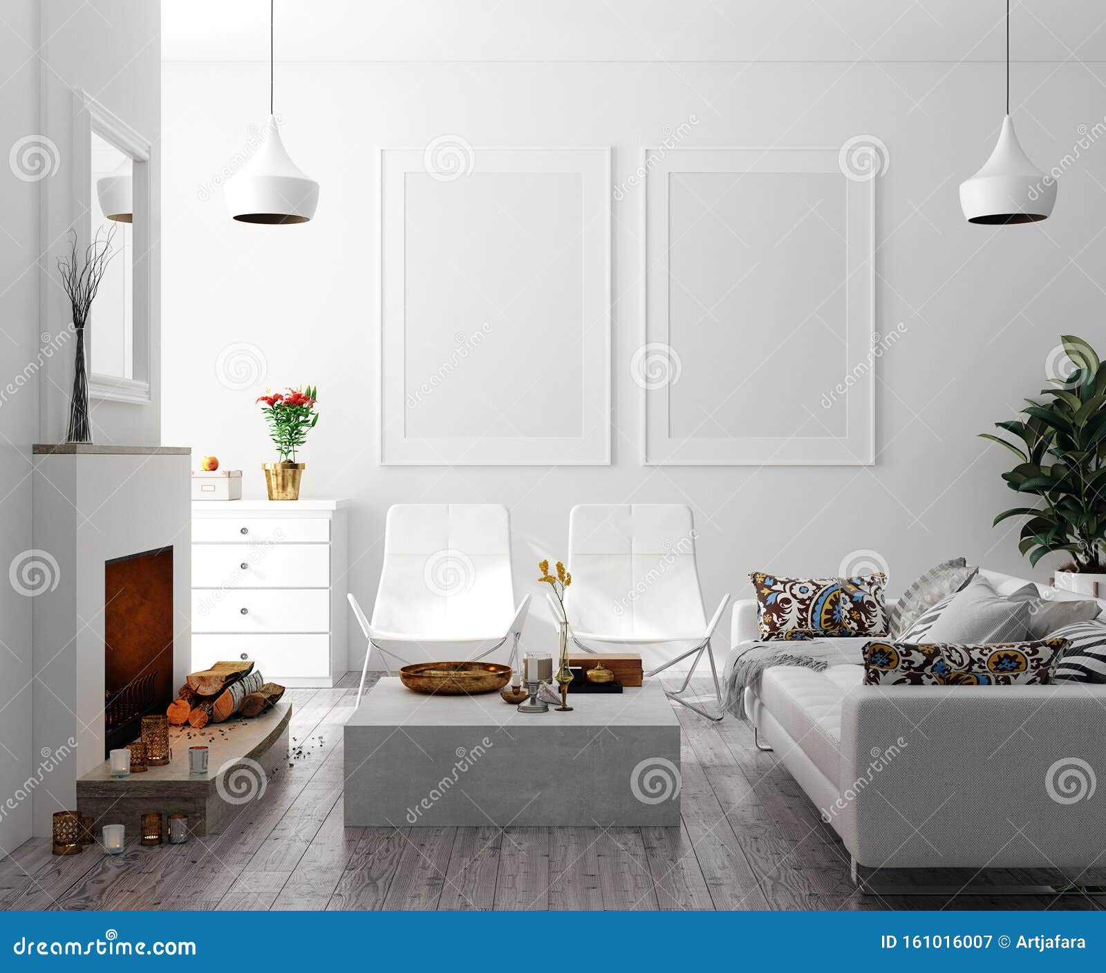 Download Mock Up Poster In Modern Home Interior With Fireplace, Scandinavian Style Stock Illustration ...
