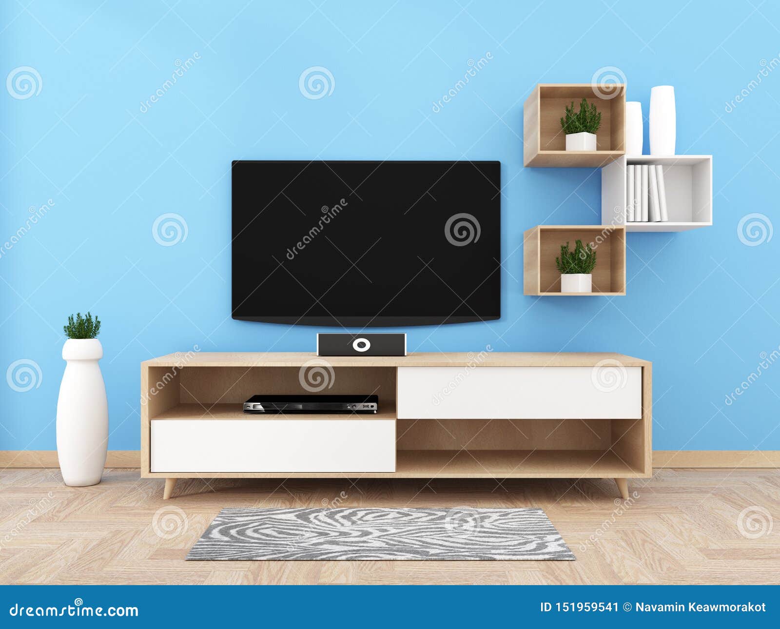 Smart Tv With Blank Black Screen Hanging On Cabinet Design Modern