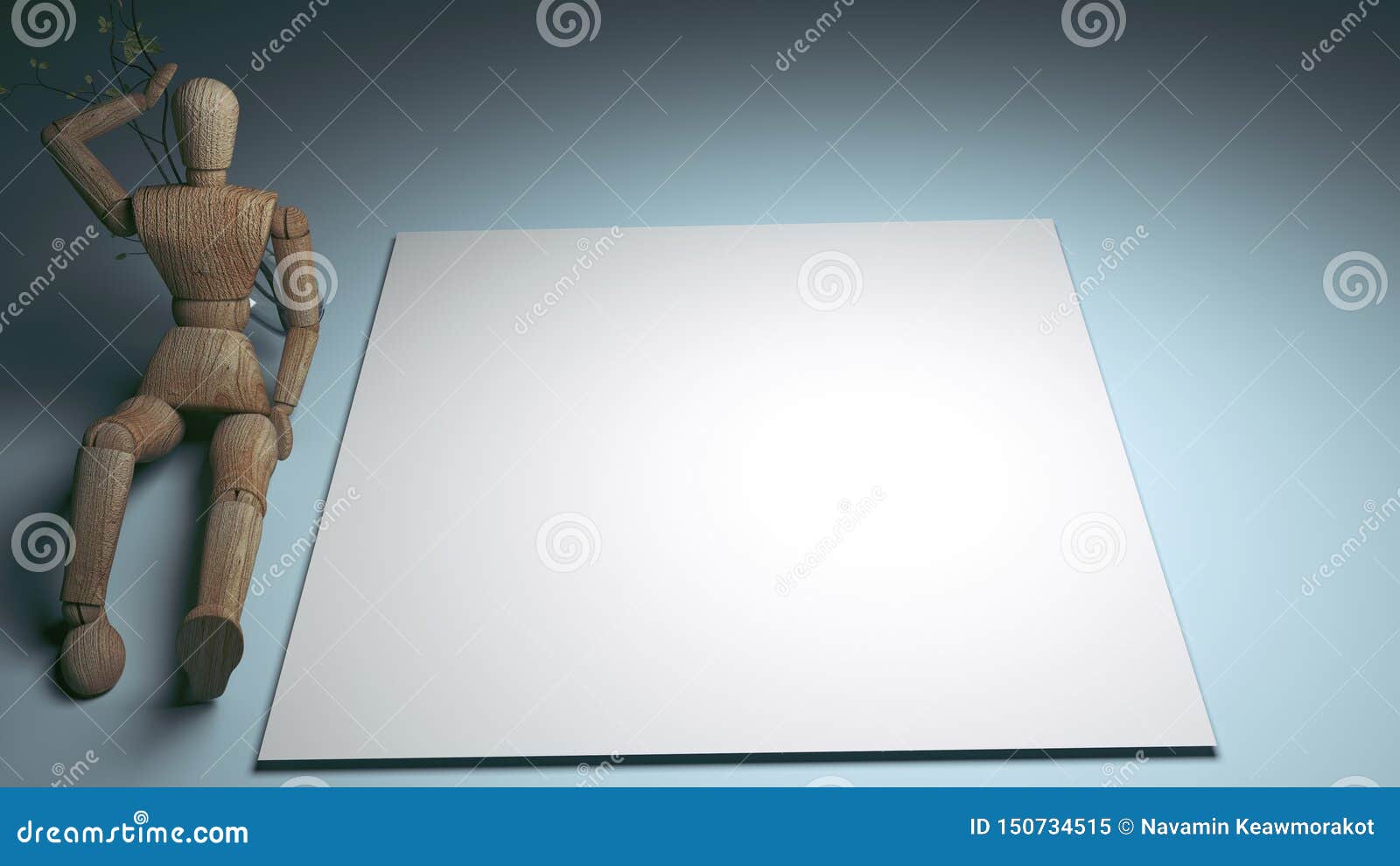 wooden dummy holding empty white blank card for your text