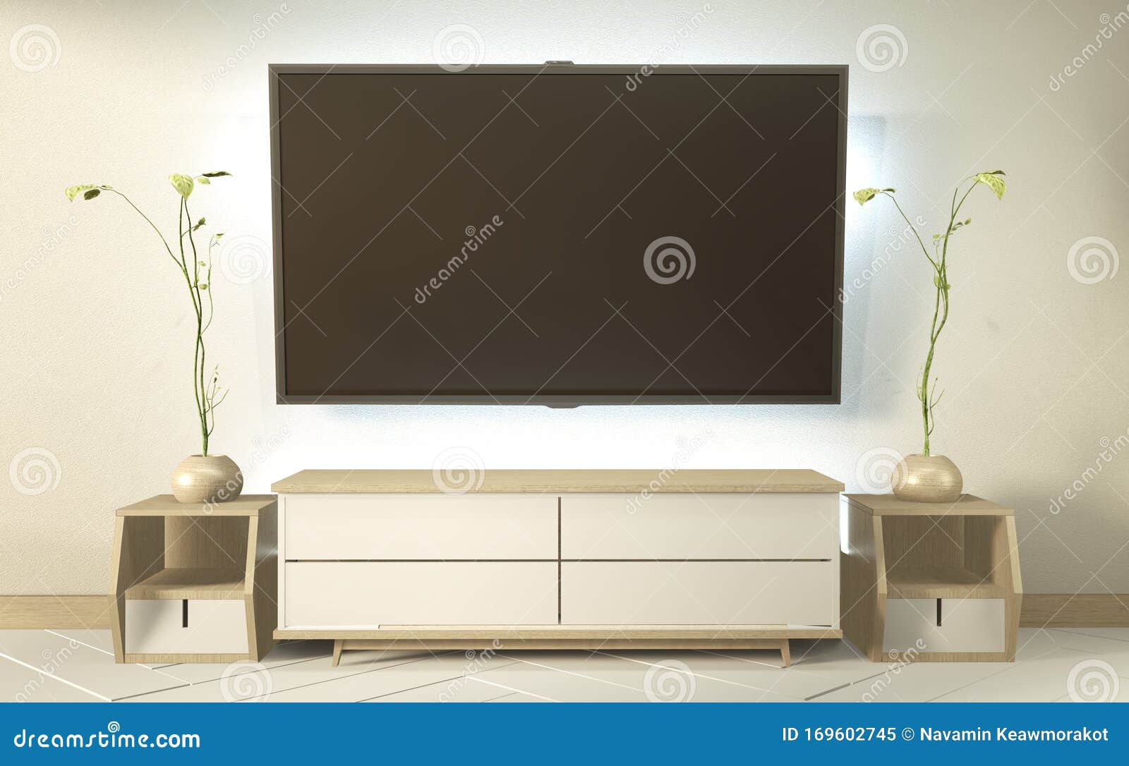 Mock Up Tv Cabinet On Zen Room Interior And Wall Design Hidden