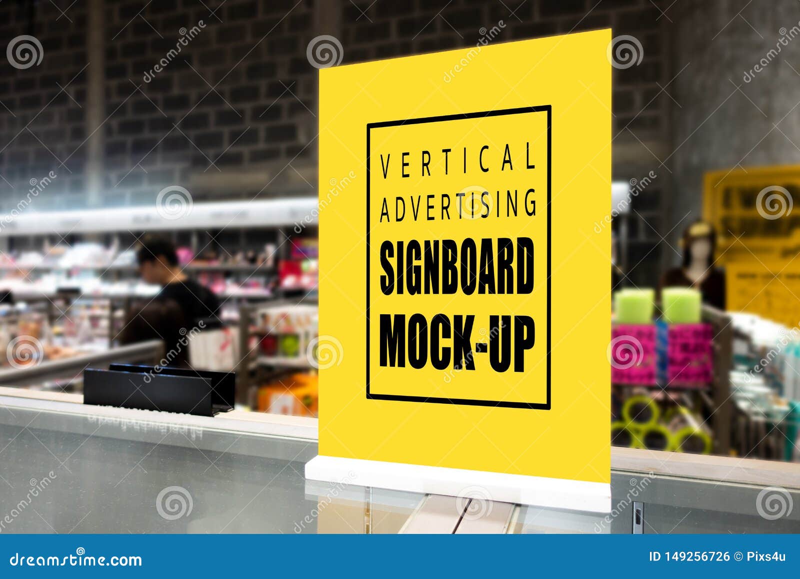 Mock Up Vertical Signboard Standing On Counter Supermarket Stock Photo