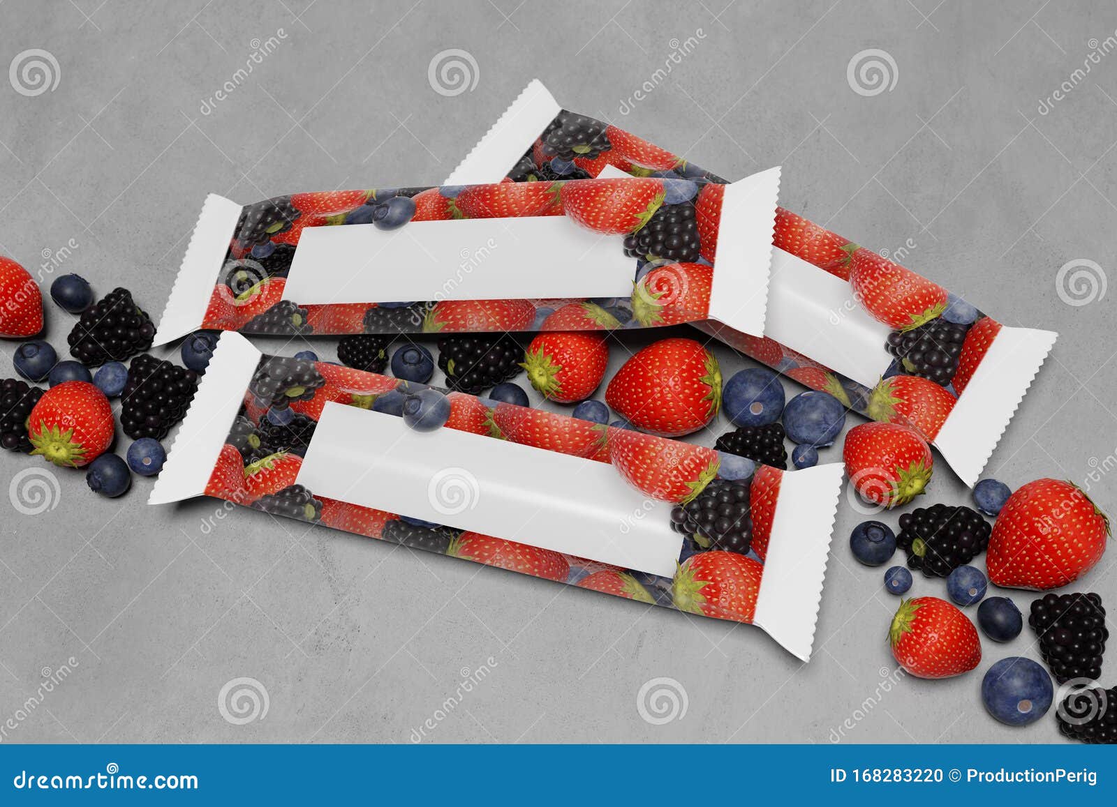 Download Mock Up Of A Cereal Bar Packaging On A Concrete Background With Red Fruits - 3d Rendering Stock ...
